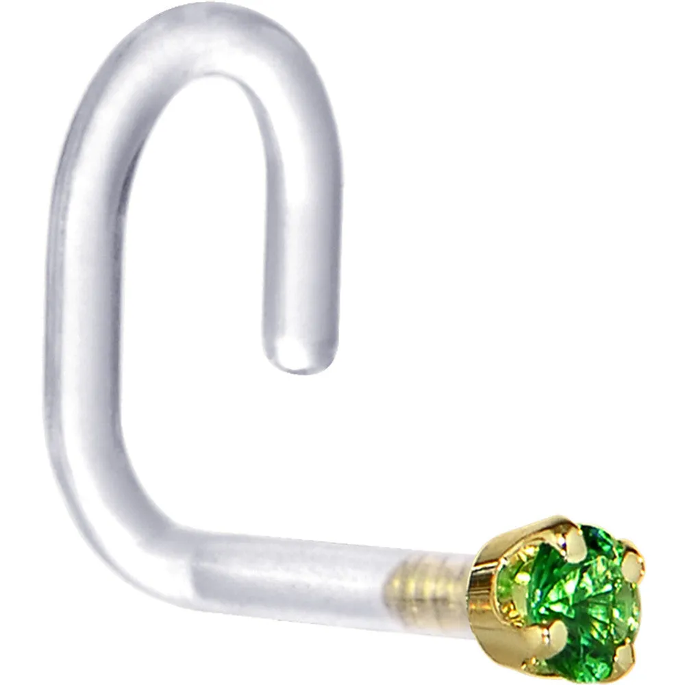 18 Gauge 1/4 Yellow Gold 1.5mm Green Cubic Zirconia Bioplast Nose Ring
