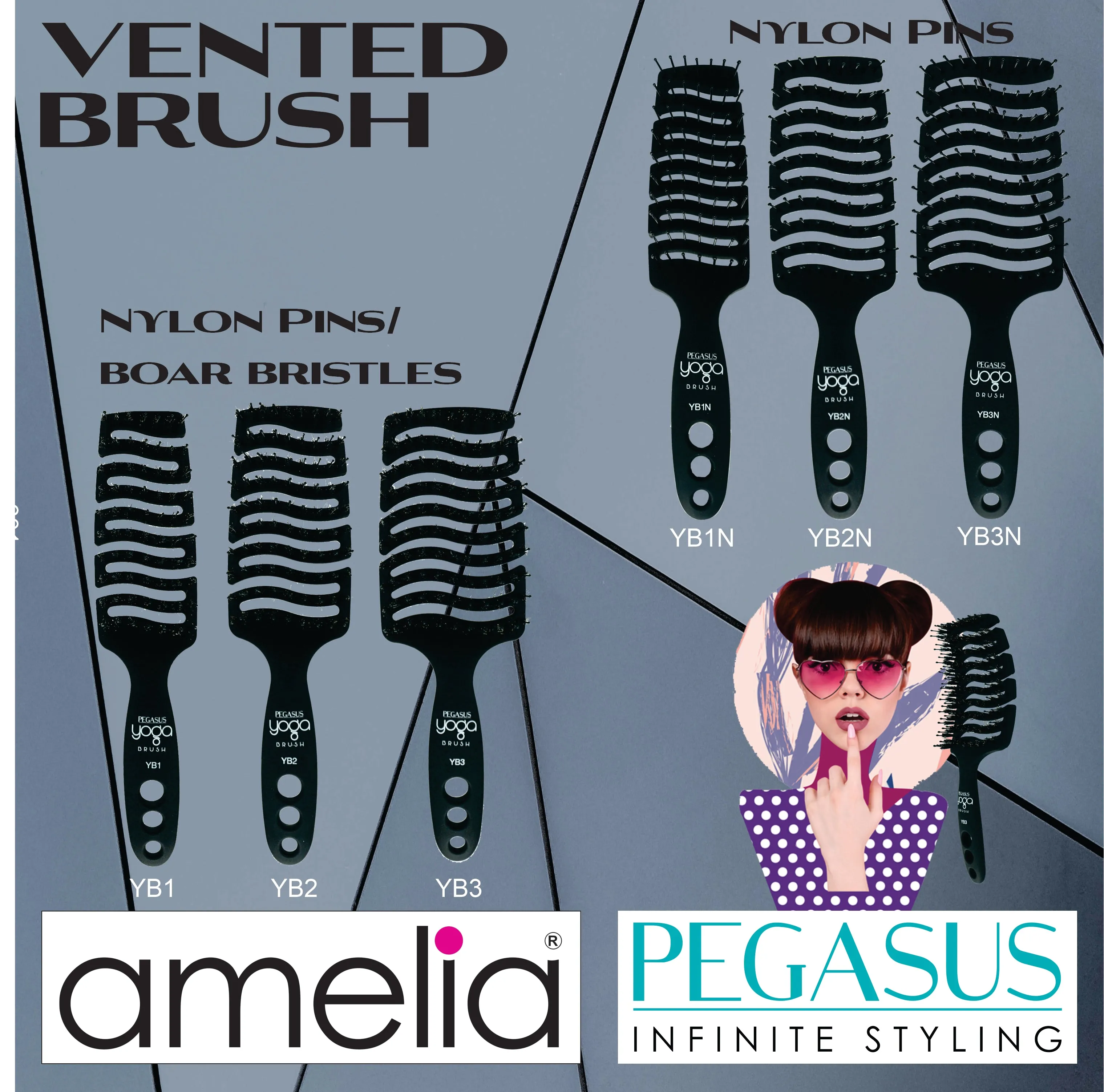 9in Flexible Vented Brush, Pegasus YB1N - Yoga Brush with Nylon Tipped Bristles