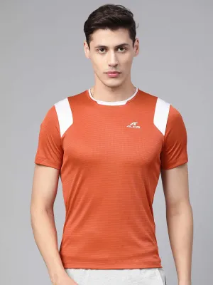 Alcis Men Rust Orange White Self-Checked Round Neck Running T-shirt