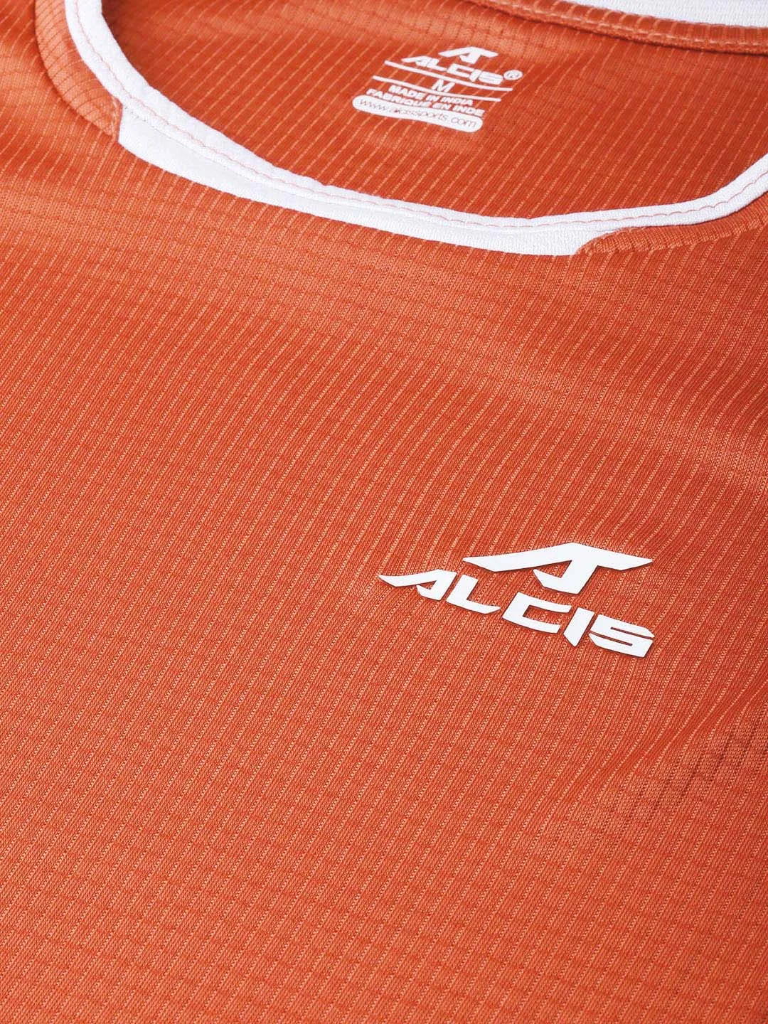 Alcis Men Rust Orange White Self-Checked Round Neck Running T-shirt