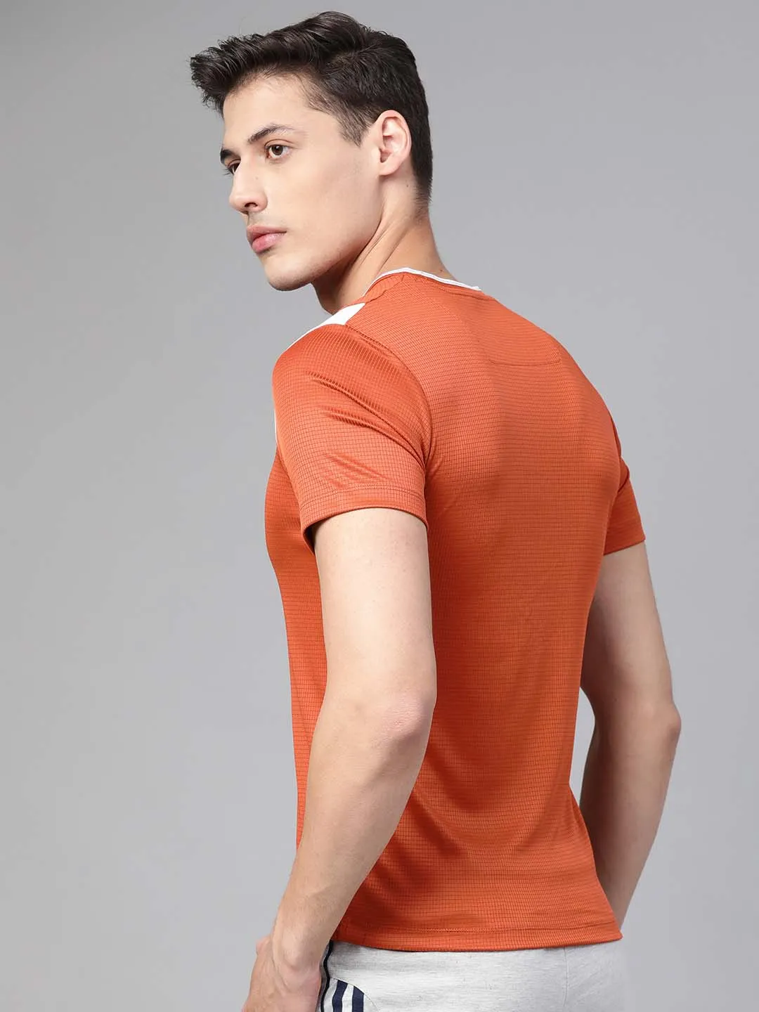 Alcis Men Rust Orange White Self-Checked Round Neck Running T-shirt