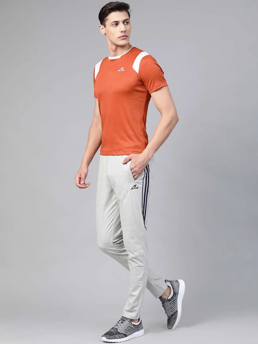 Alcis Men Rust Orange White Self-Checked Round Neck Running T-shirt
