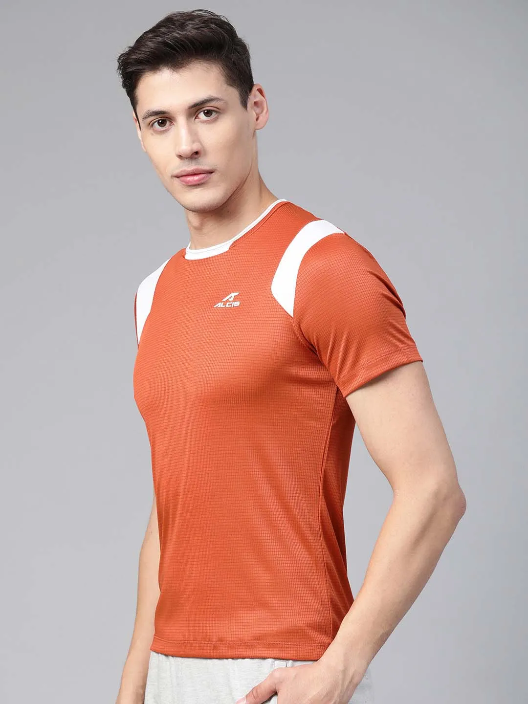Alcis Men Rust Orange White Self-Checked Round Neck Running T-shirt