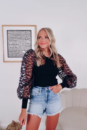 Ana Animal Print Sheer Sleeve Top - Black