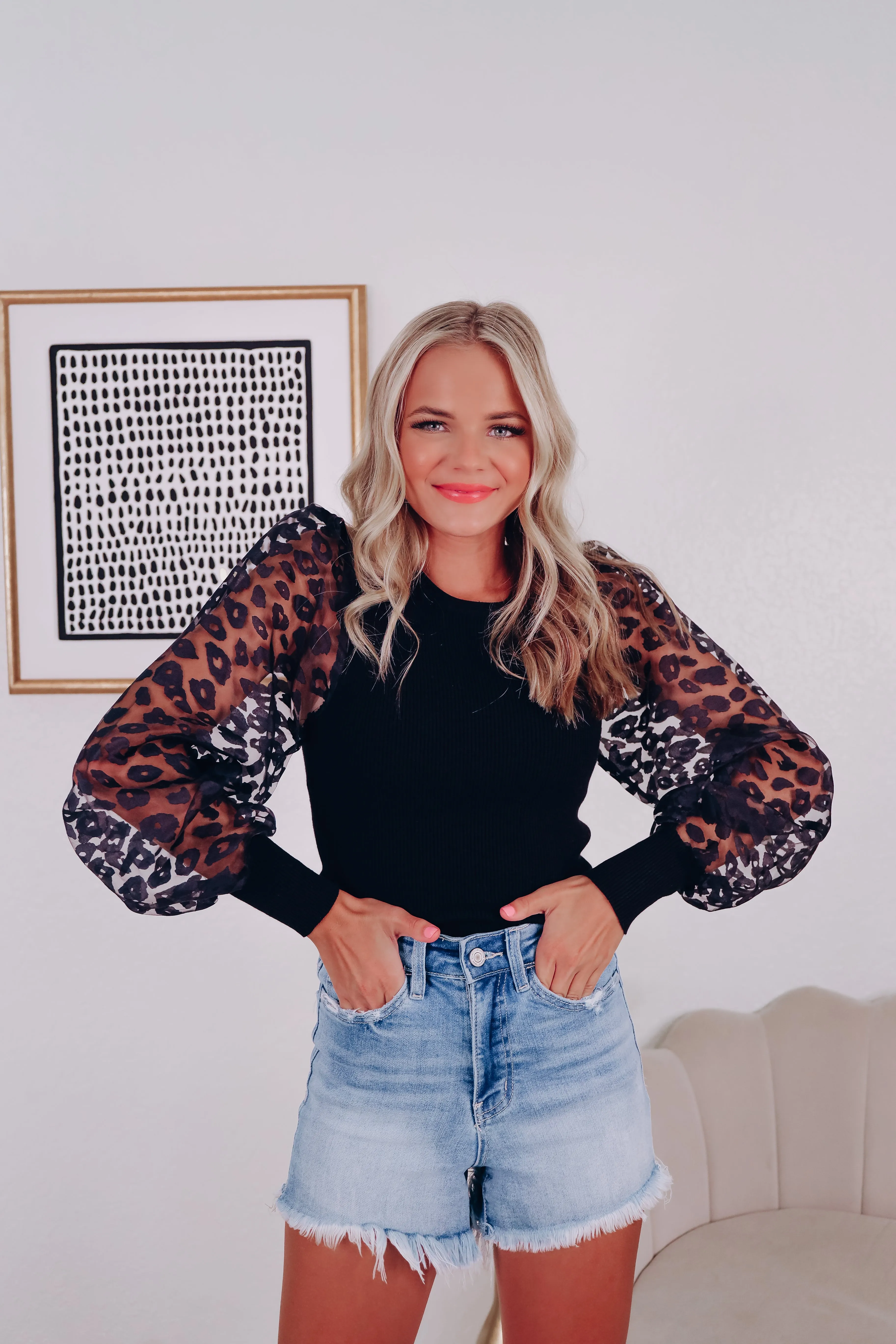 Ana Animal Print Sheer Sleeve Top - Black