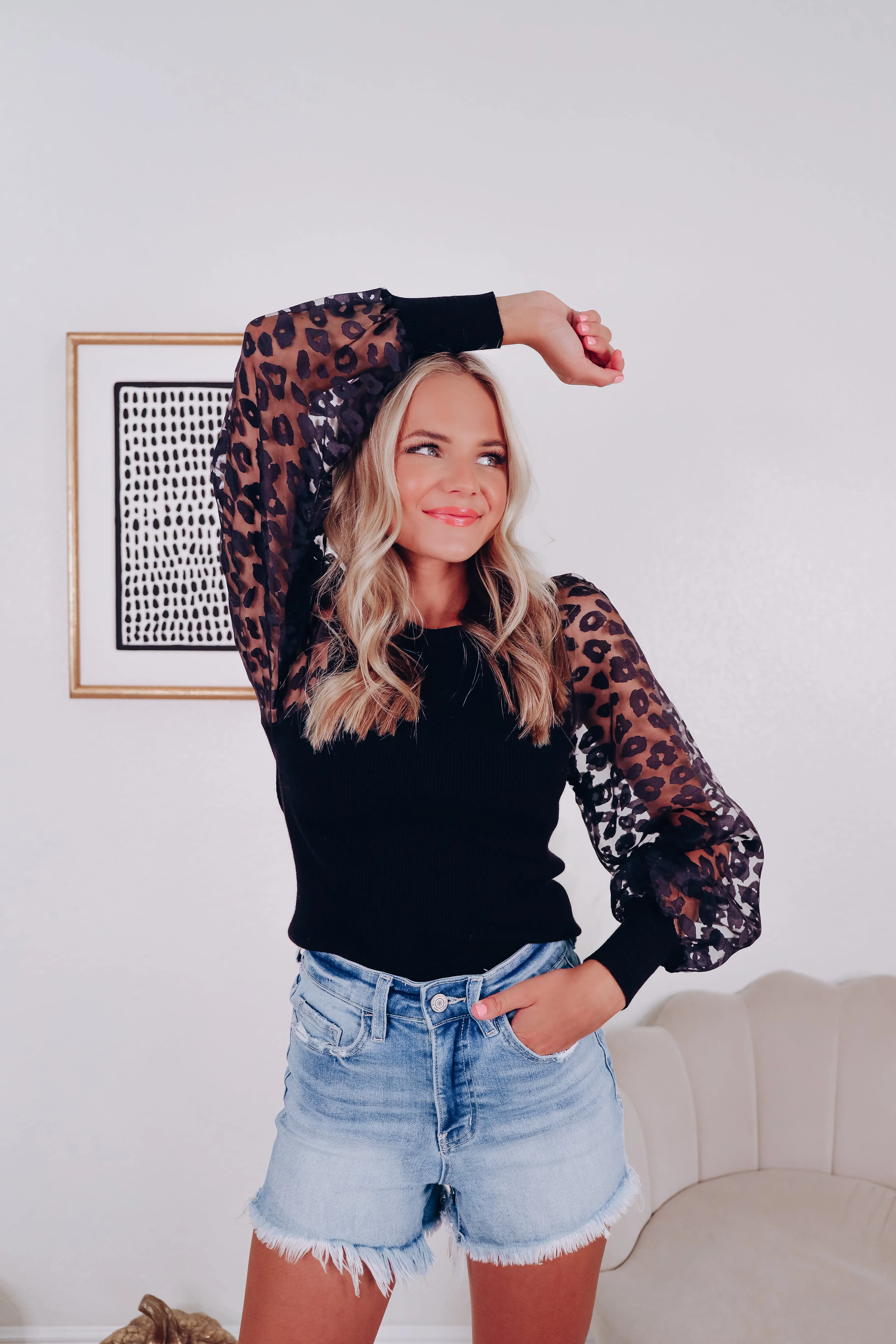 Ana Animal Print Sheer Sleeve Top - Black