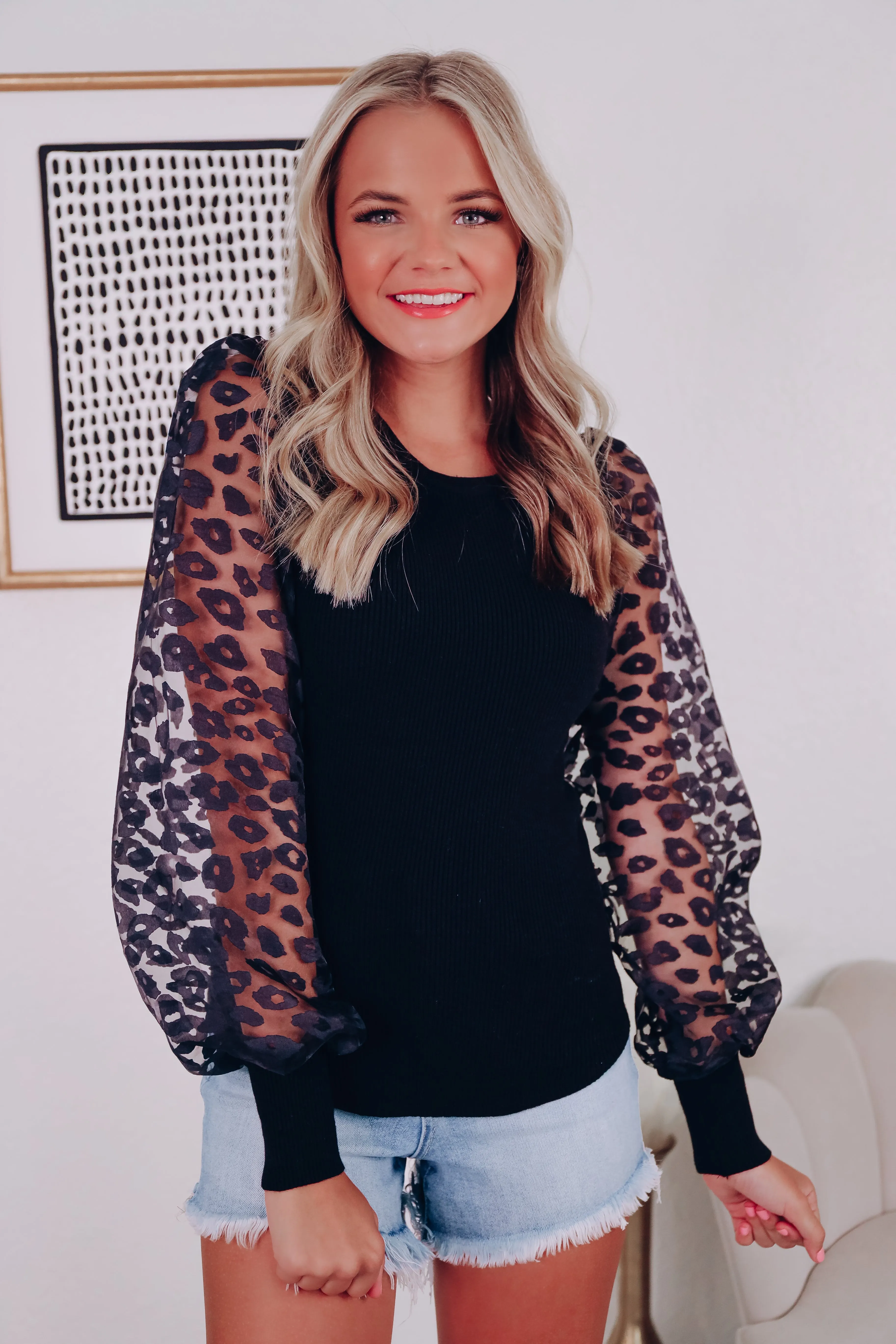 Ana Animal Print Sheer Sleeve Top - Black