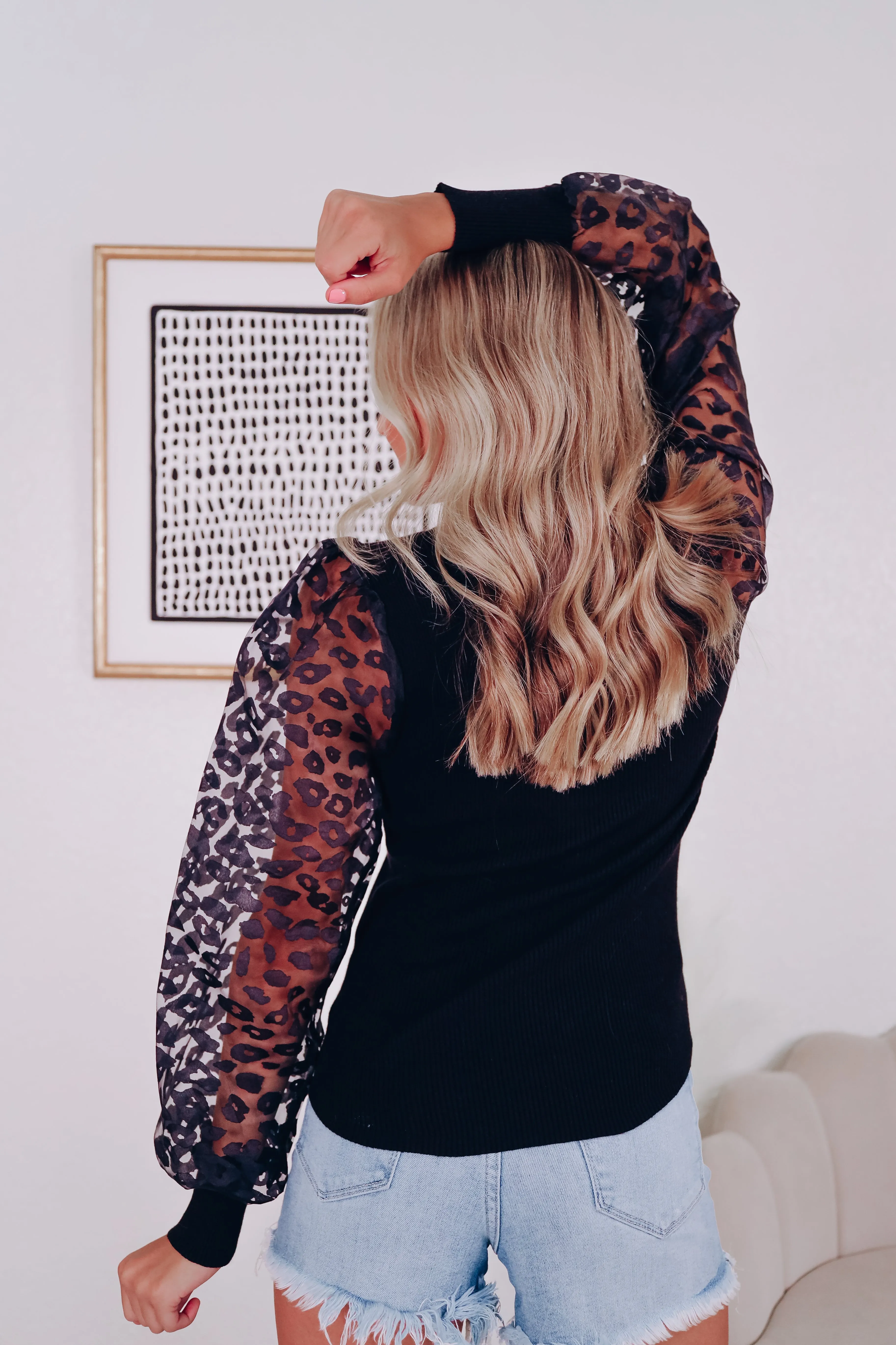 Ana Animal Print Sheer Sleeve Top - Black