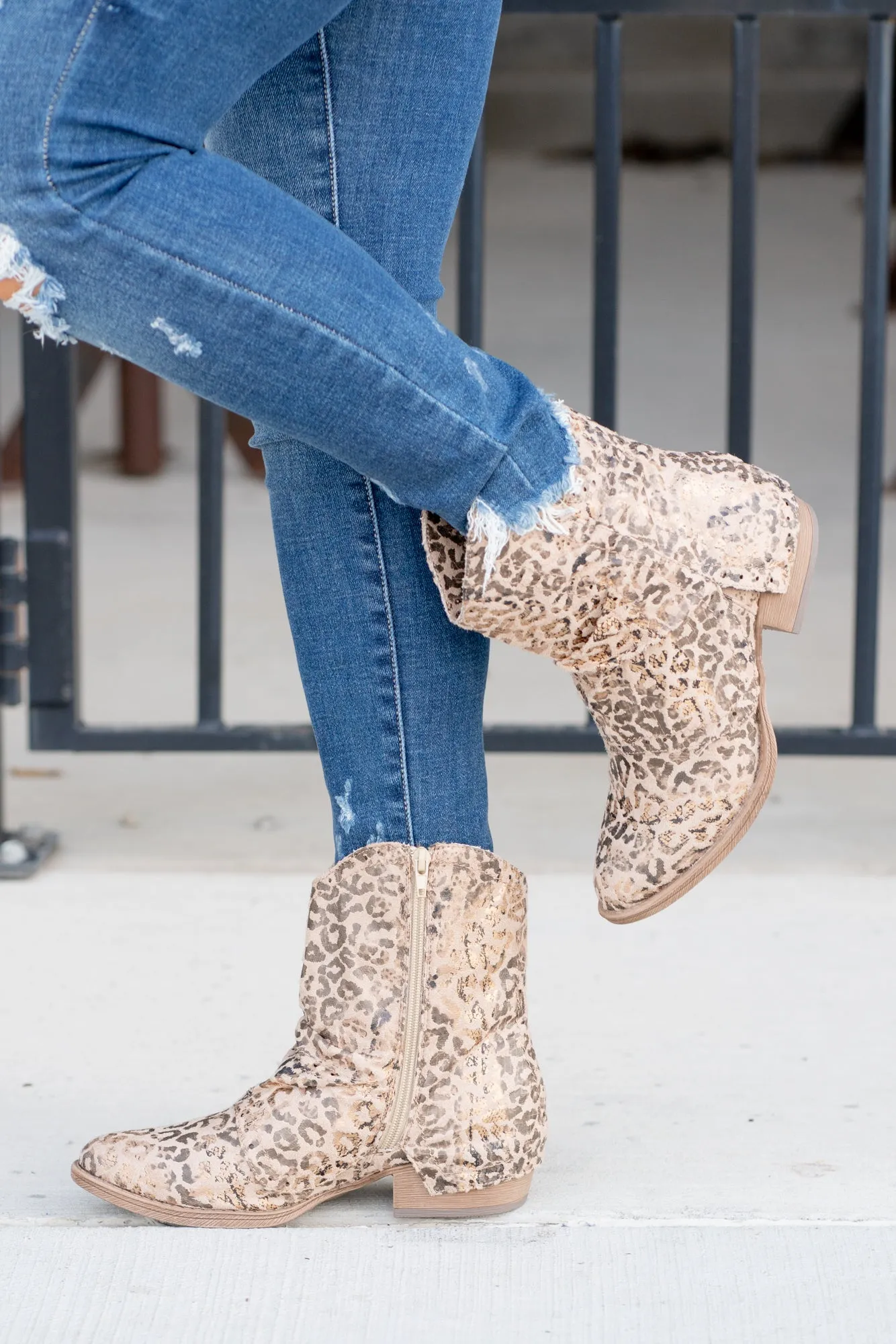 B Don Leopard Print Flap Over Booties - Taupe Leopard