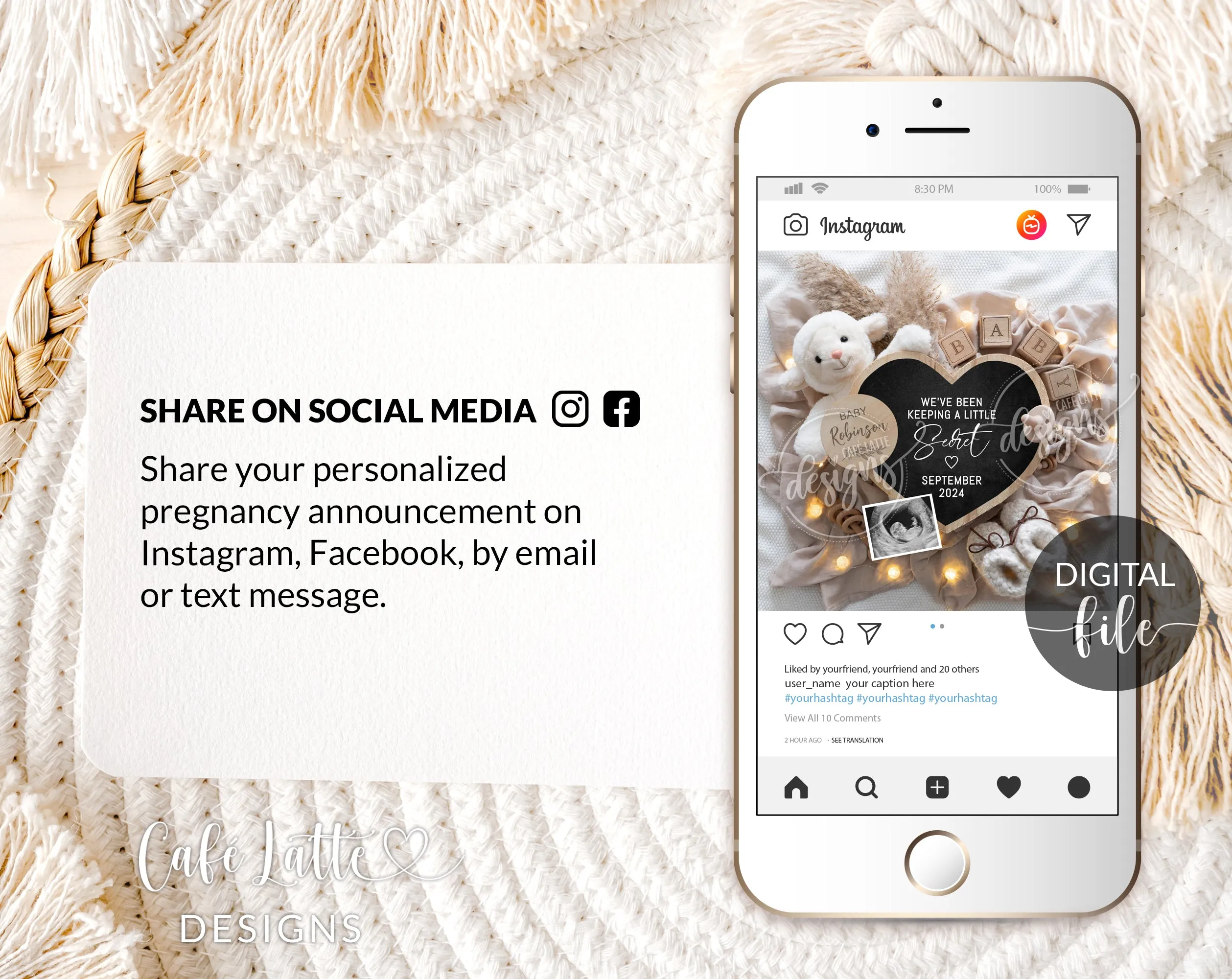 Boho Pregnancy Announcement Digital For Social Media - Bear and Heart