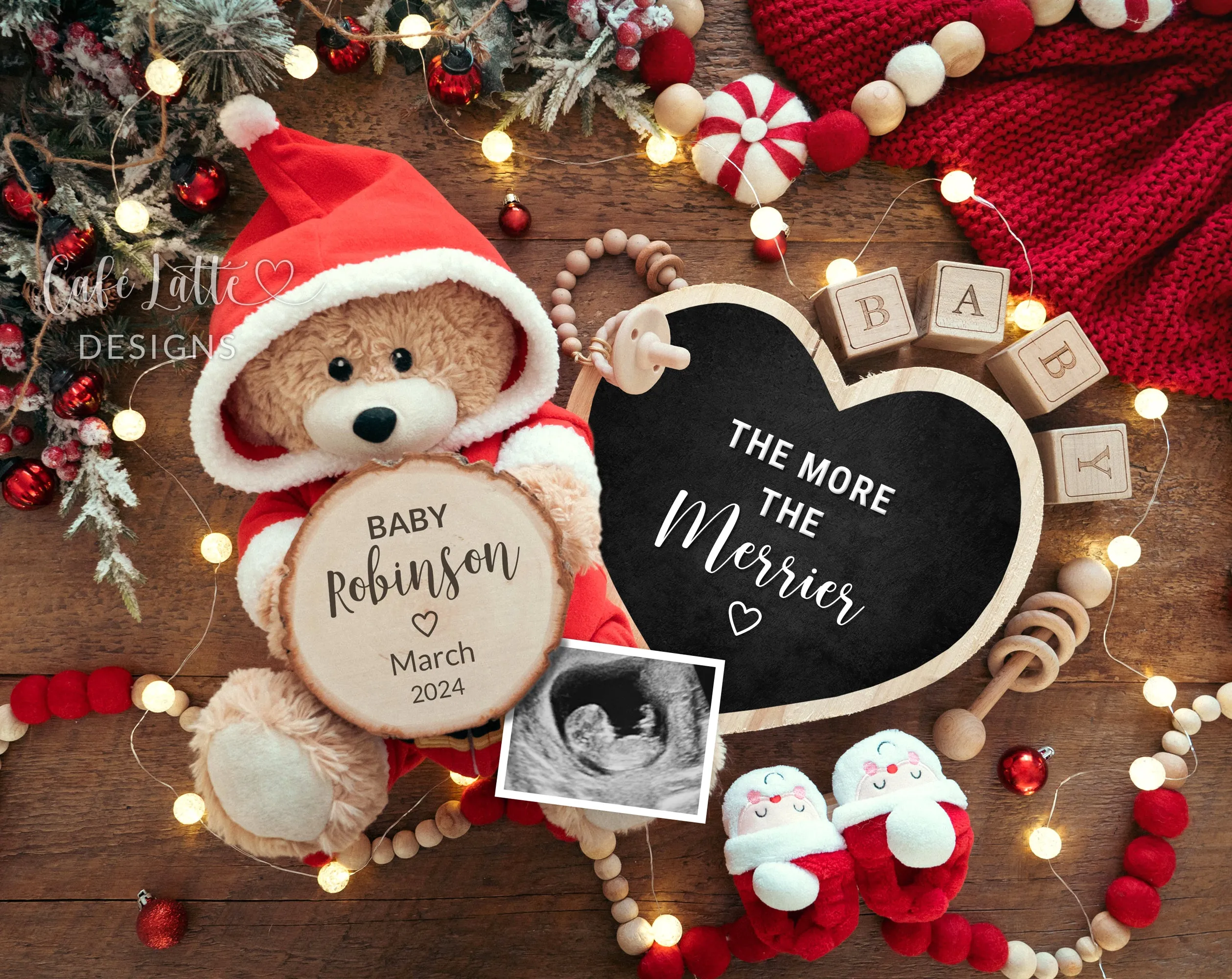 Christmas Pregnancy Announcement With Santa Bear And Heart Chalkboard