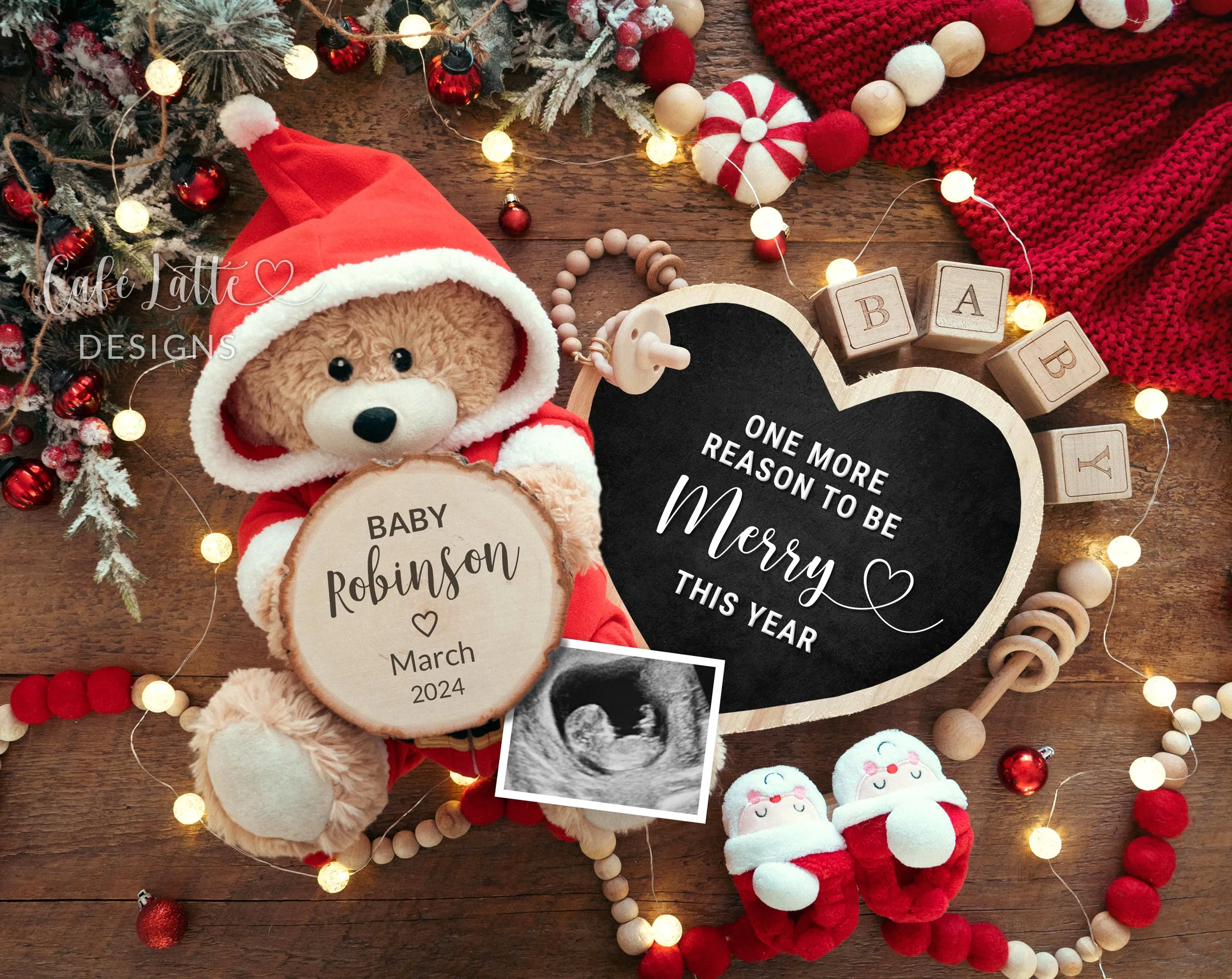 Christmas Pregnancy Announcement With Santa Bear And Heart Chalkboard