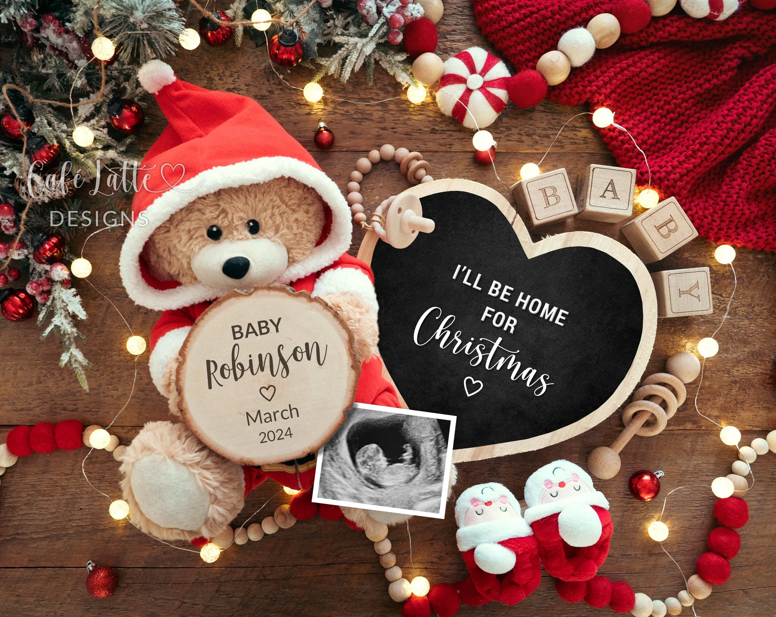 Christmas Pregnancy Announcement With Santa Bear And Heart Chalkboard