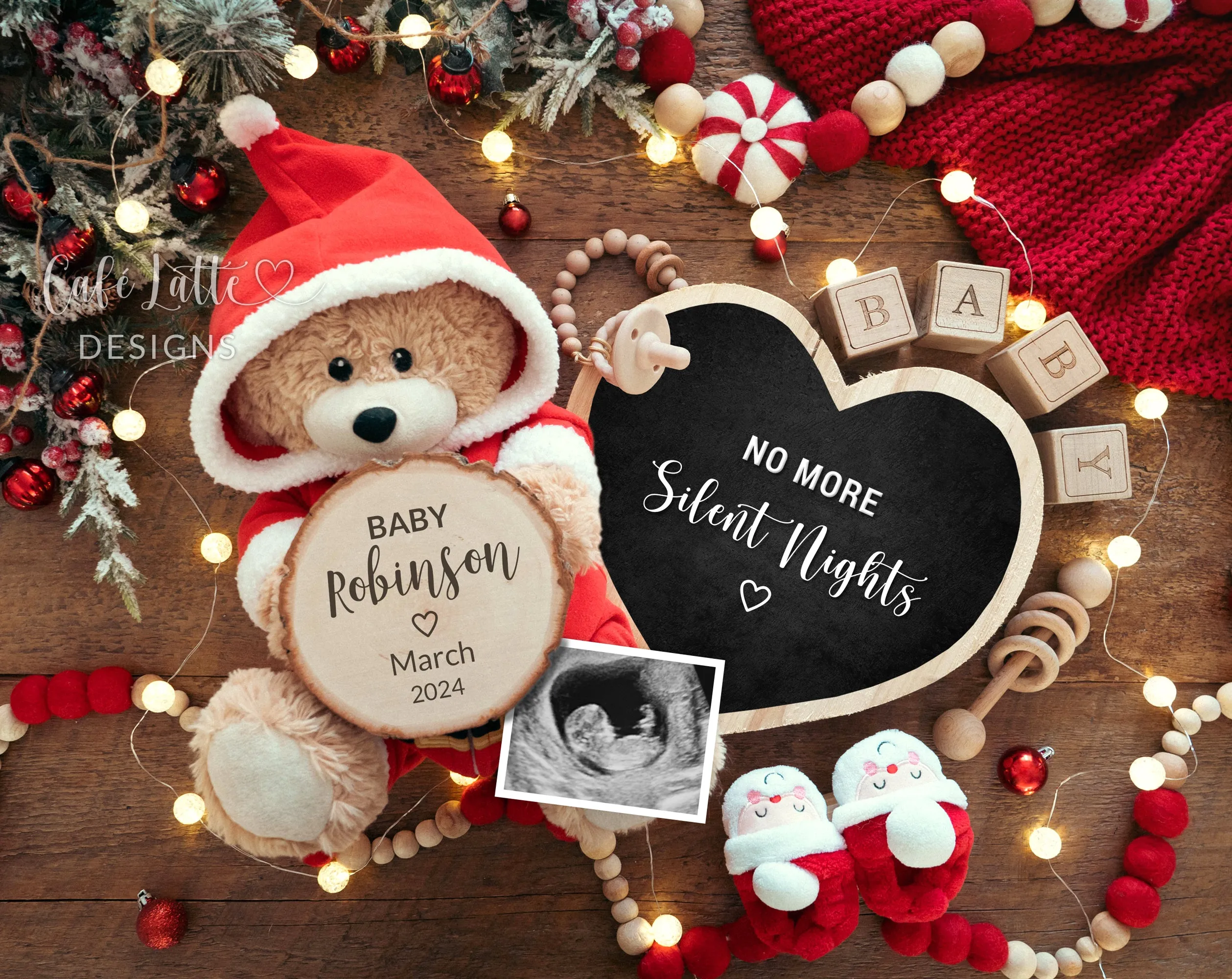 Christmas Pregnancy Announcement With Santa Bear And Heart Chalkboard
