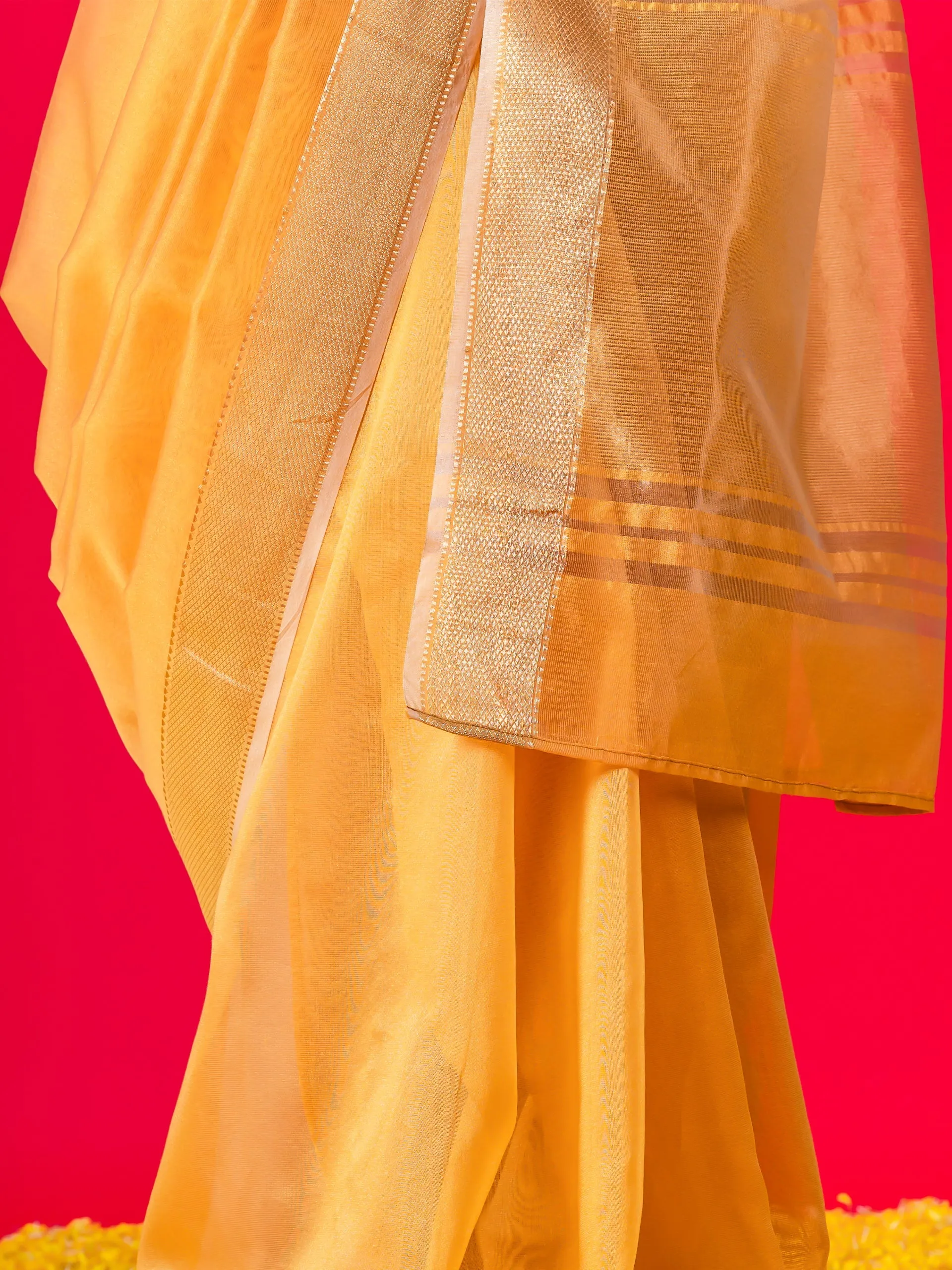 Dandelion Yellow Gold metallic Saree with Blouse Fabric