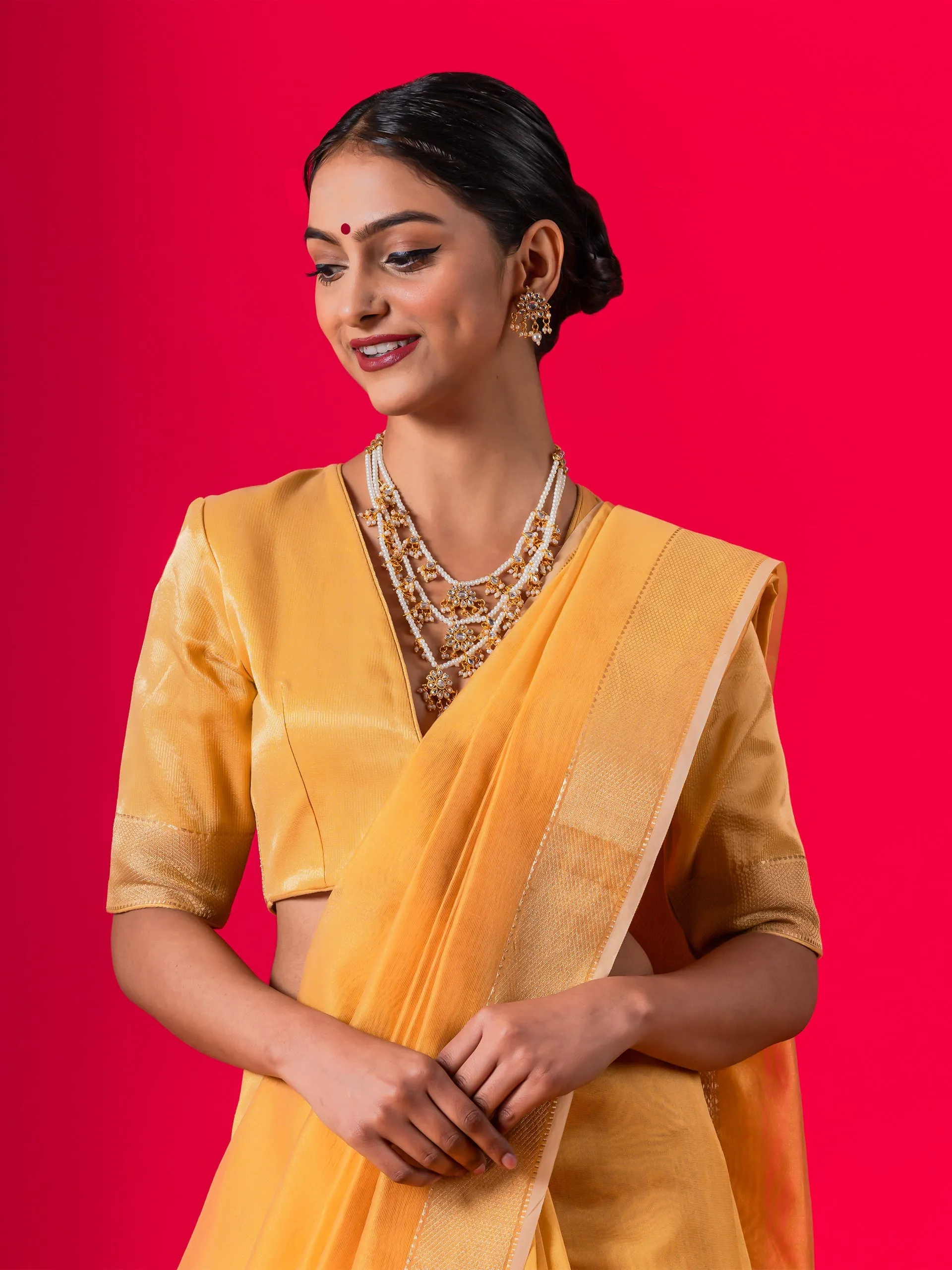 Dandelion Yellow Gold metallic Saree with Blouse Fabric
