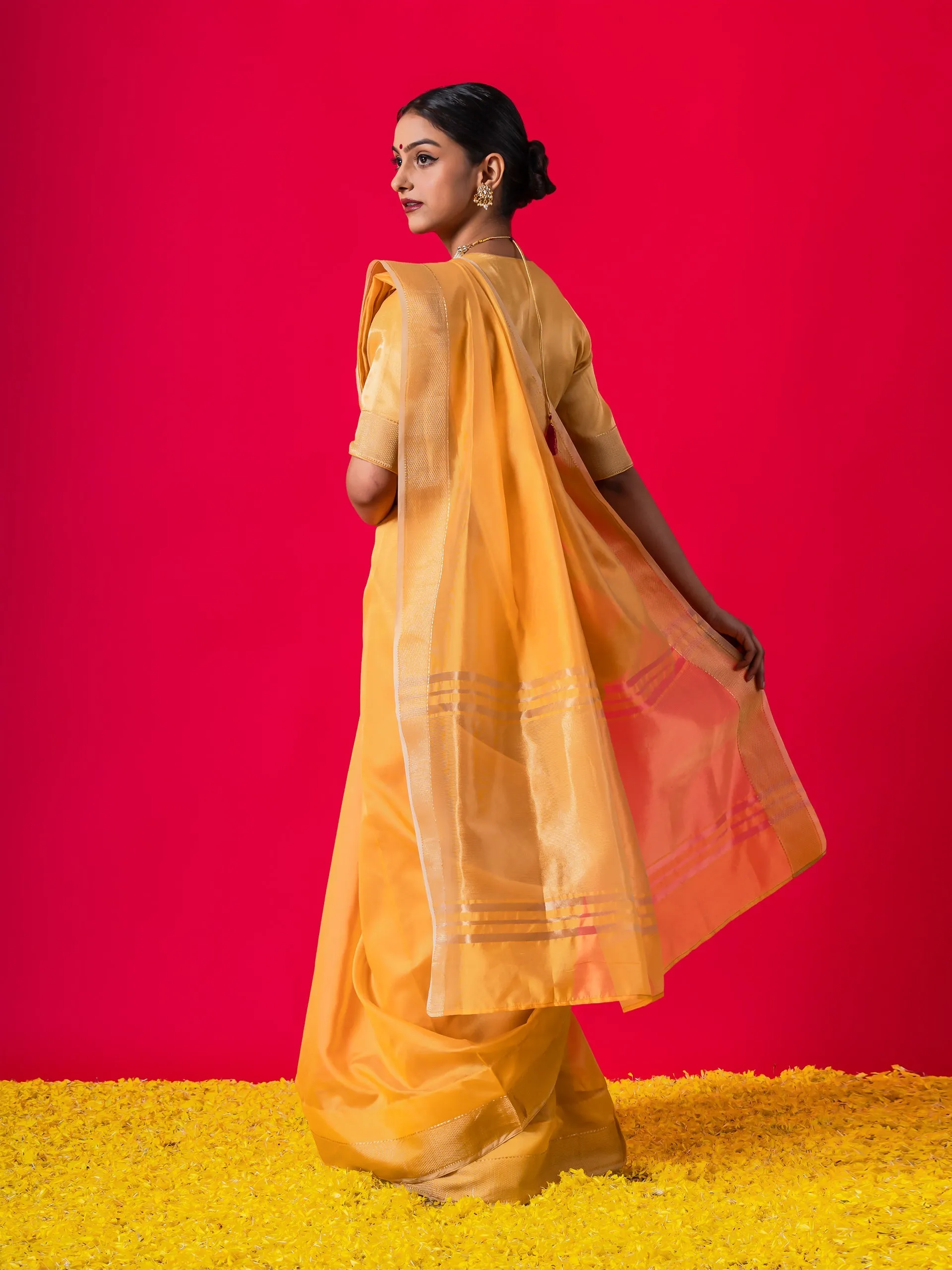 Dandelion Yellow Gold metallic Saree with Blouse Fabric