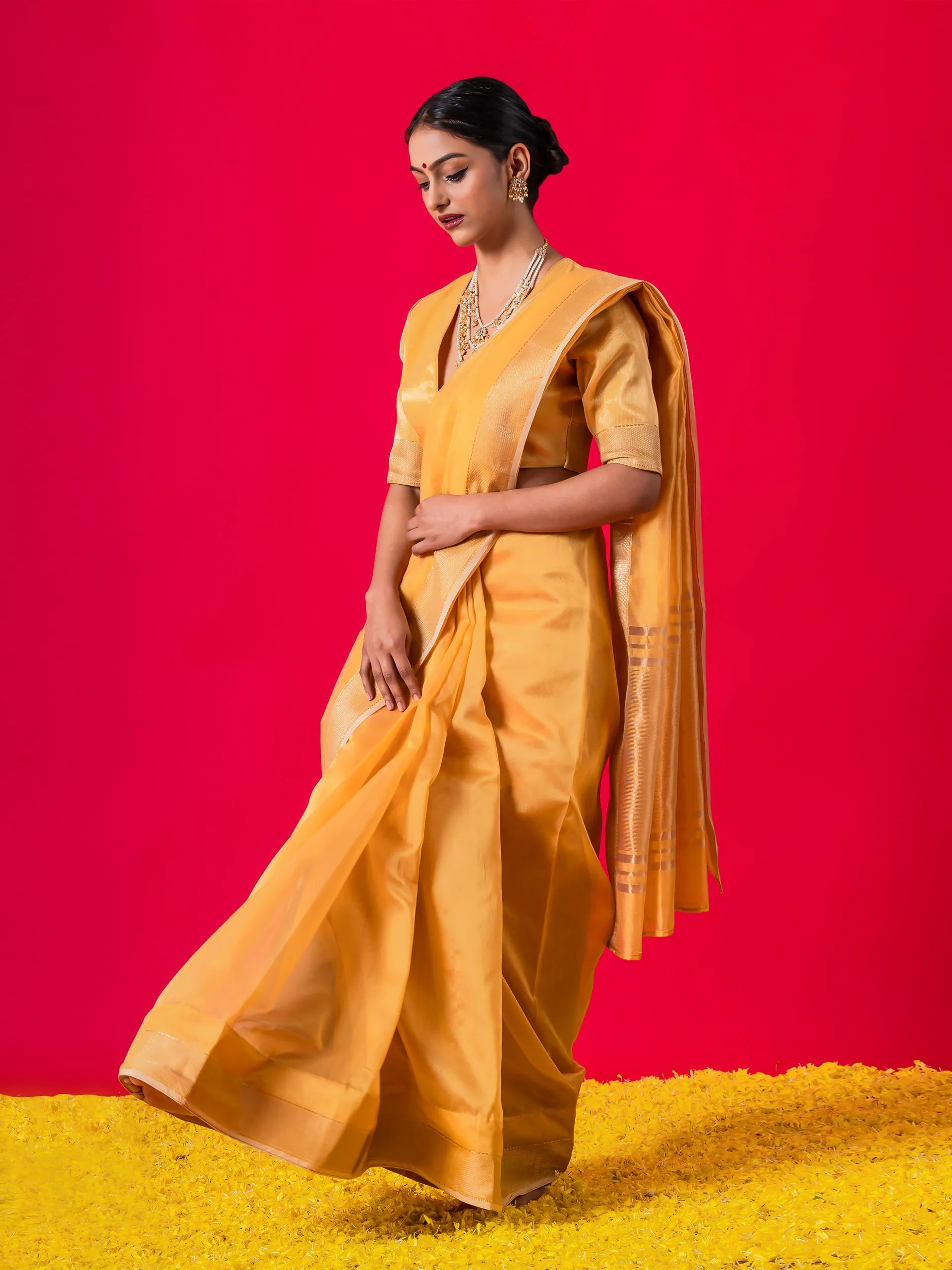 Dandelion Yellow Gold metallic Saree with Blouse Fabric