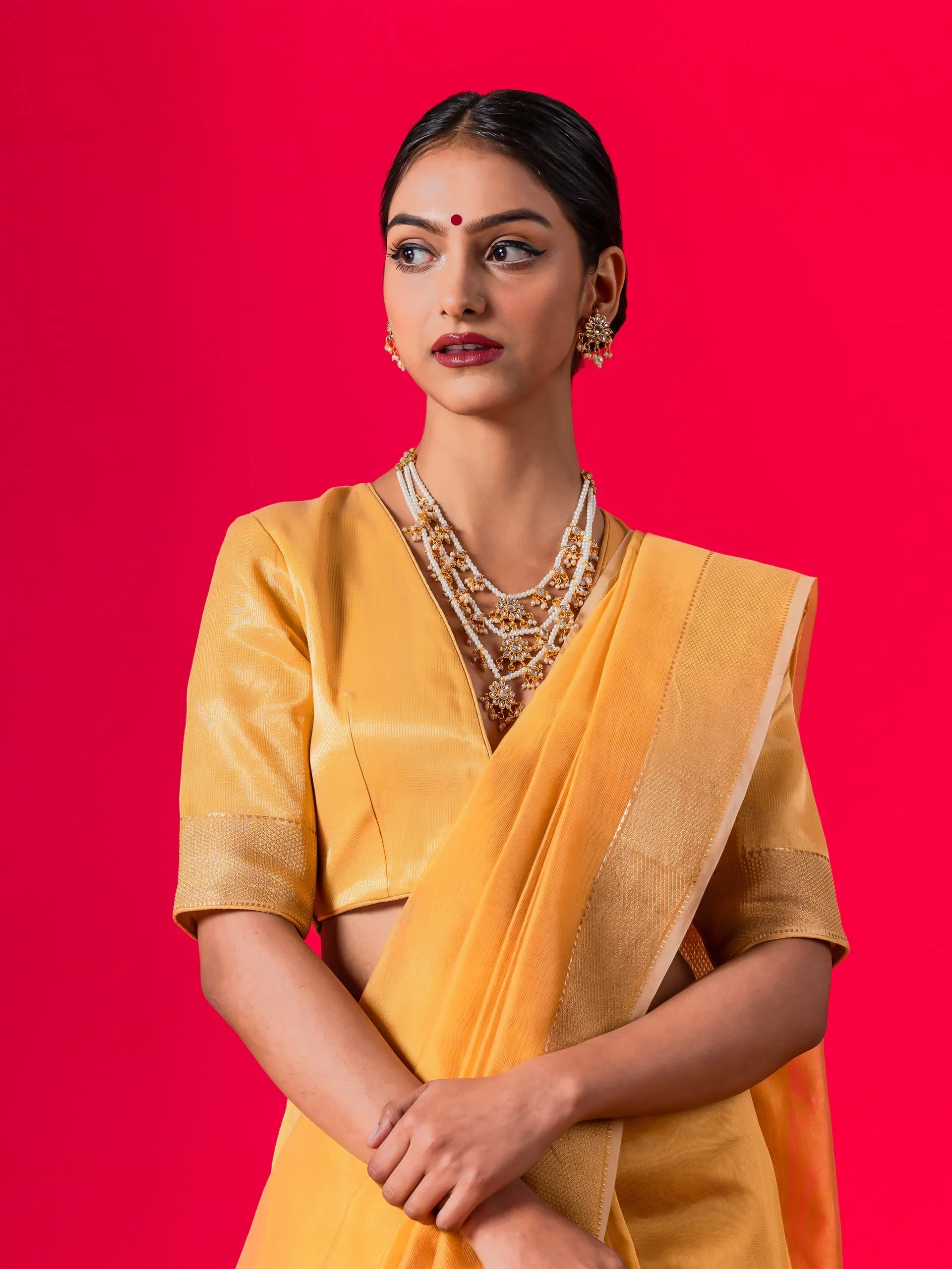 Dandelion Yellow Gold metallic Saree with Blouse Fabric