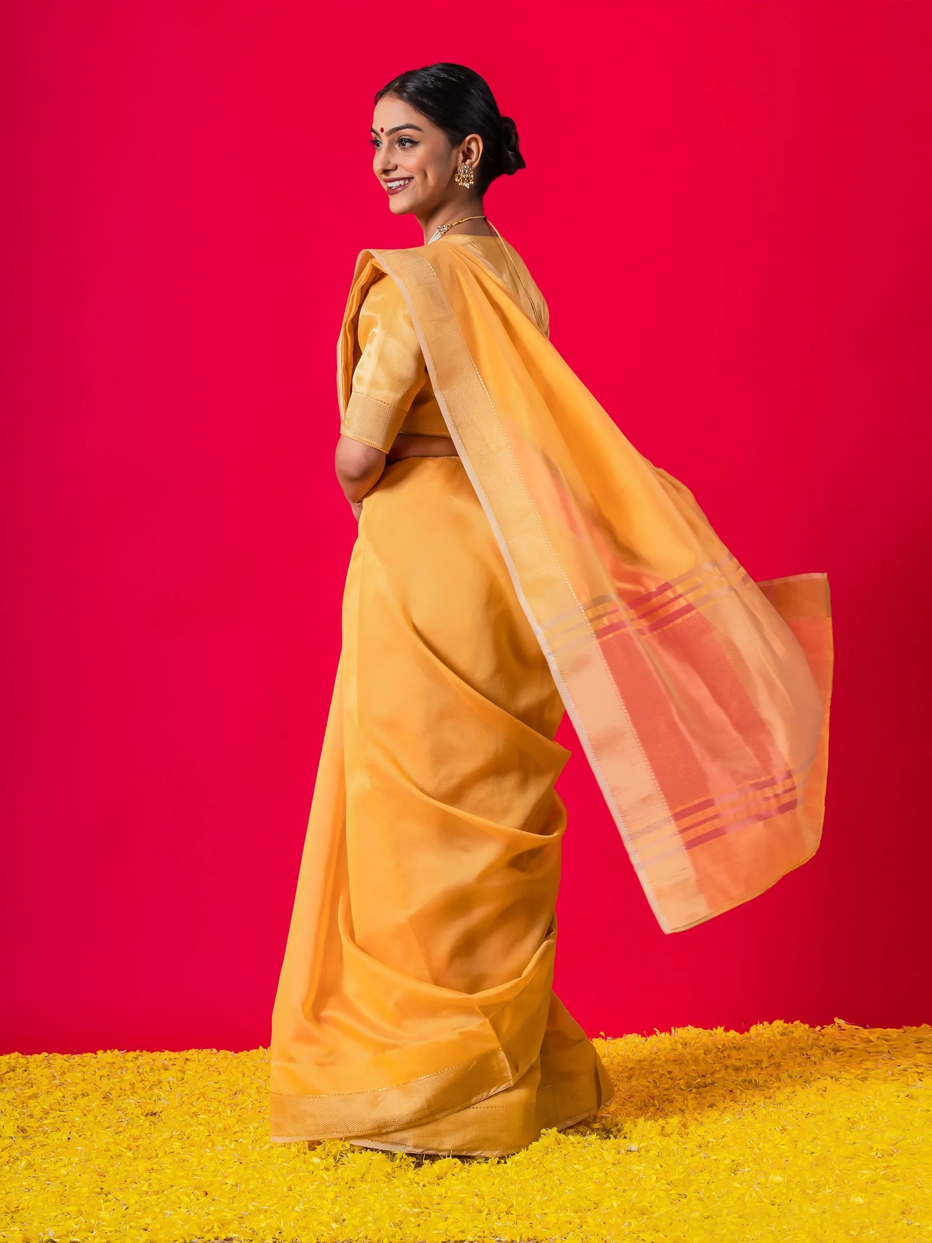 Dandelion Yellow Gold metallic Saree with Blouse Fabric