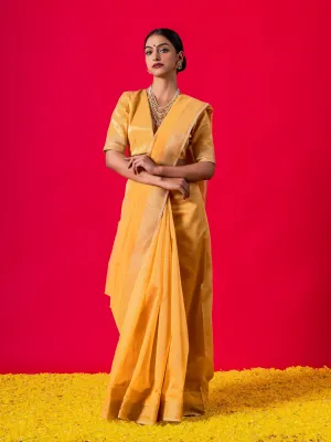 Dandelion Yellow Gold metallic Saree with Blouse Fabric