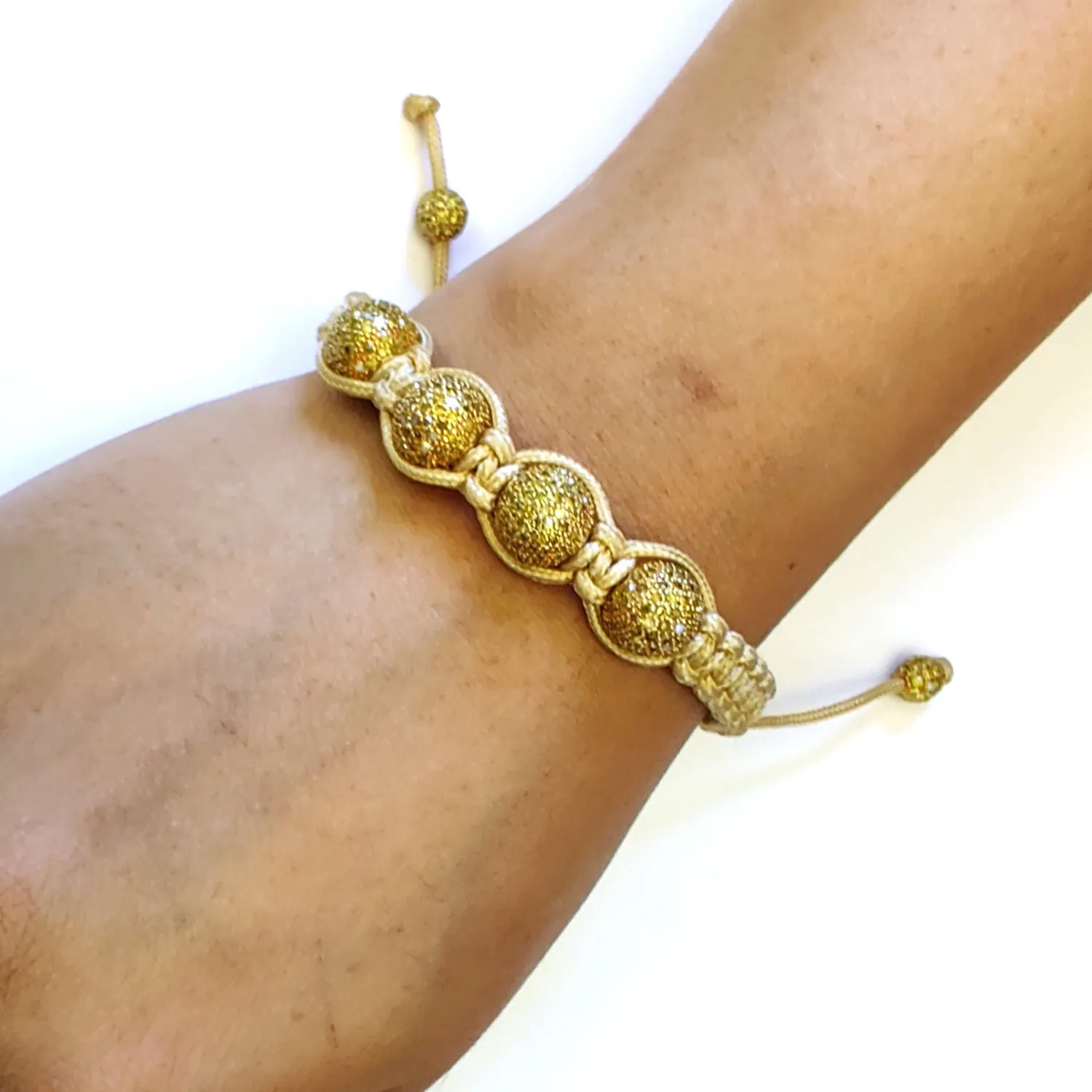 Diamond 18K Gold Fixed And Flexible Bead Ball Macrame Bracelet Bangle Jewelry
