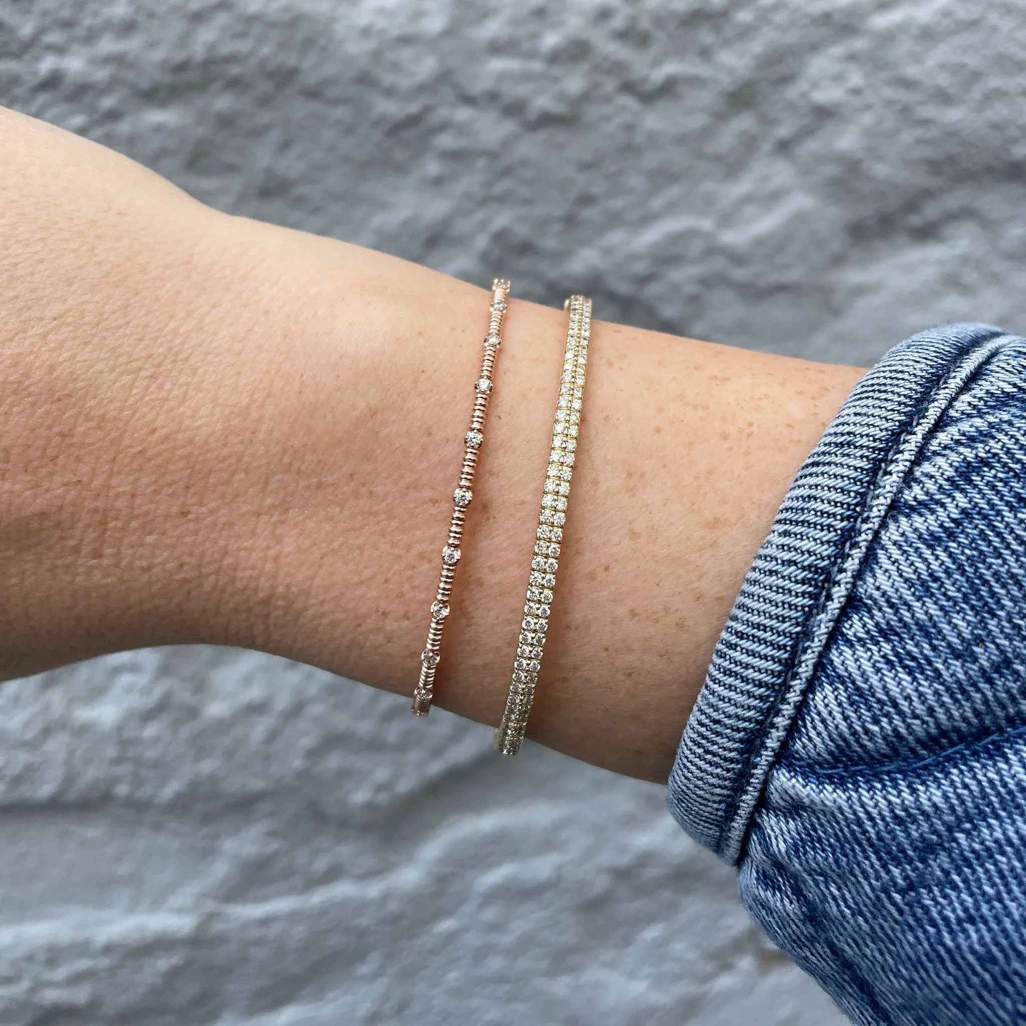 Diamond Station 14K Rose Gold Ribbed Flexible Bangle