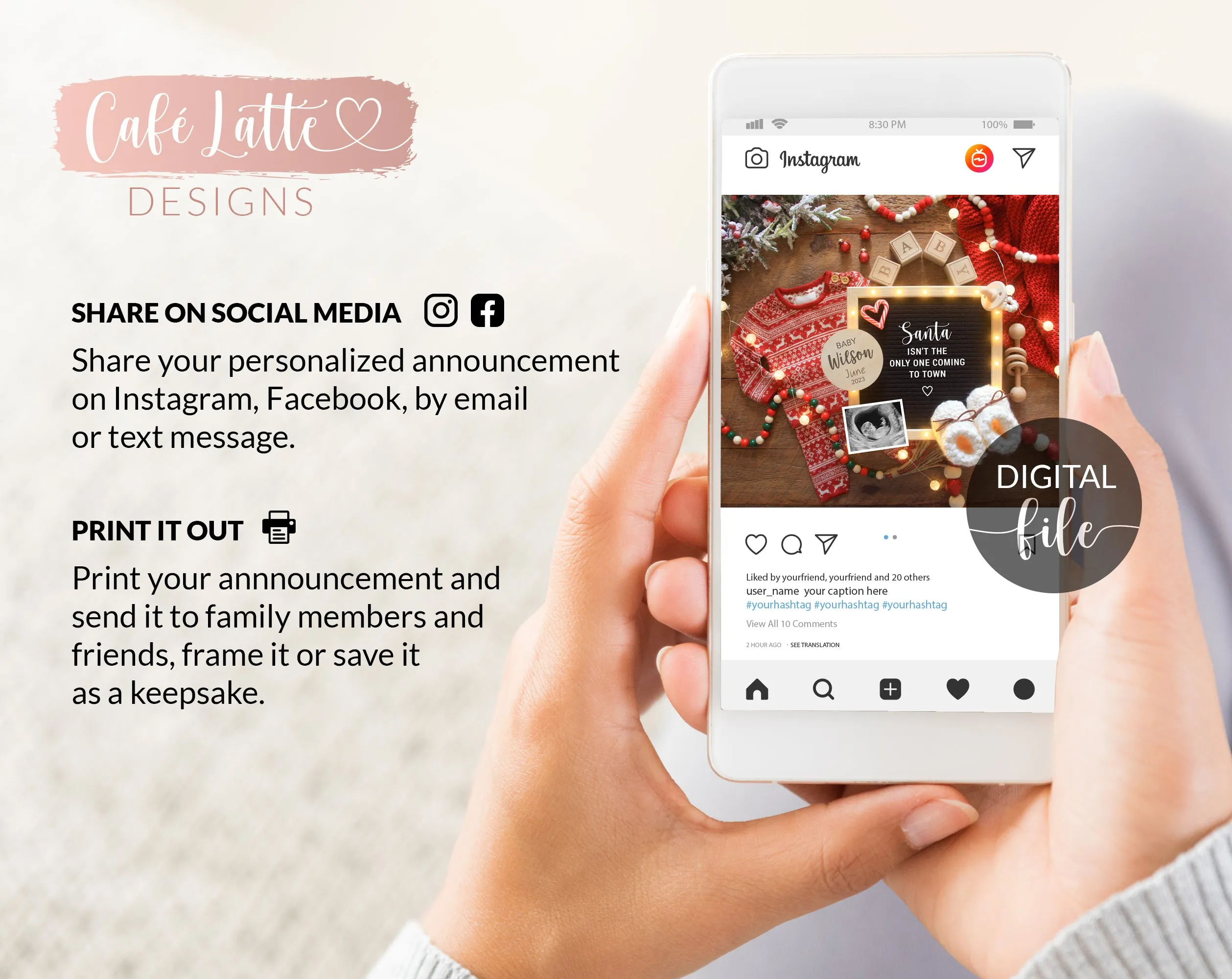 Digital Christmas Pregnancy Announcement Social Media, Family Growing By One Heart Two Feet, One More Reason to be Merry, Santa Winter Baby