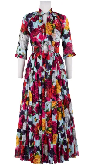 Eden Dress Crew Neck 3/4 Sleeve with Hamilton Belt Maxi Length Cotton Musola (Zinnia Flower)