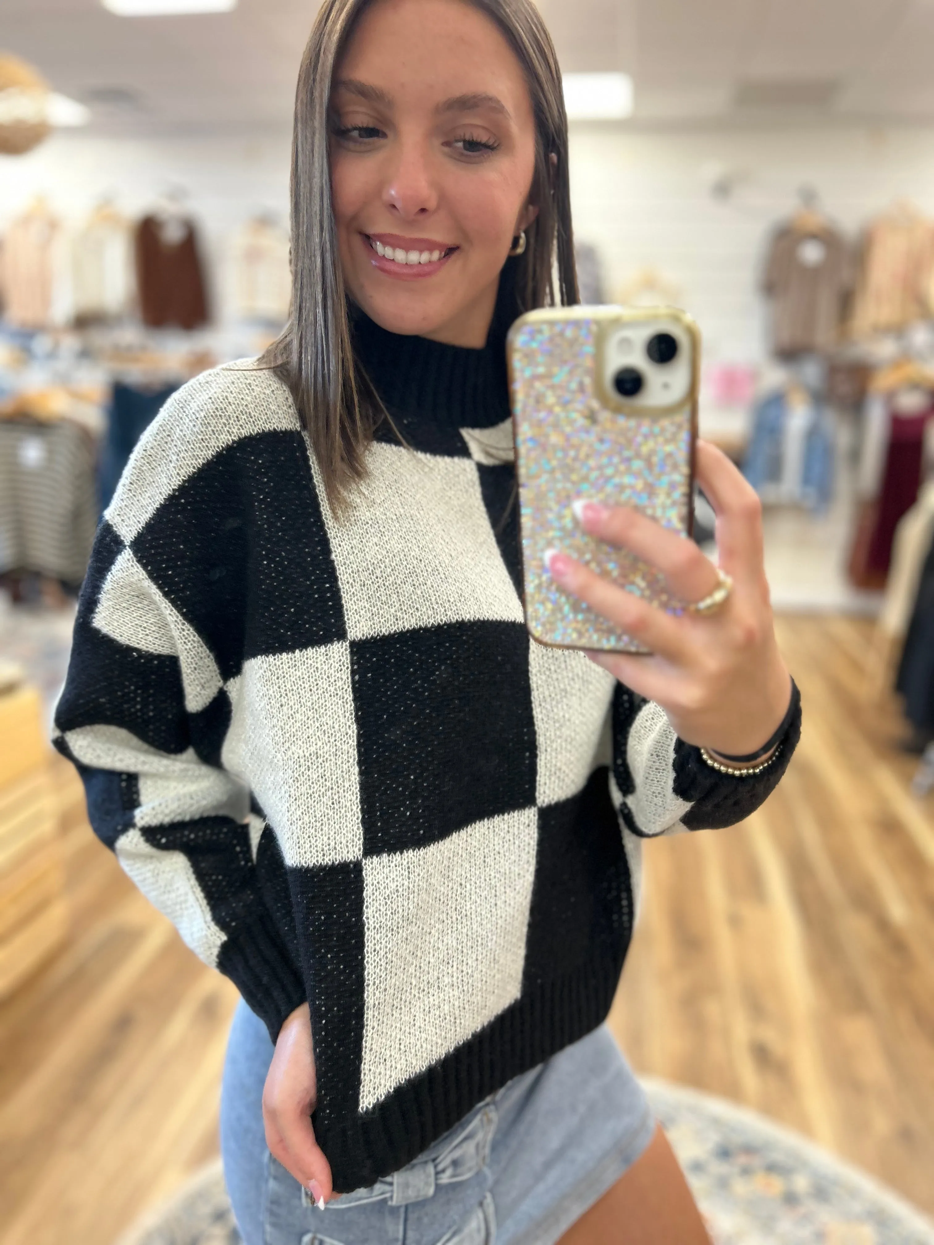 Emma Black Checkered Sweater