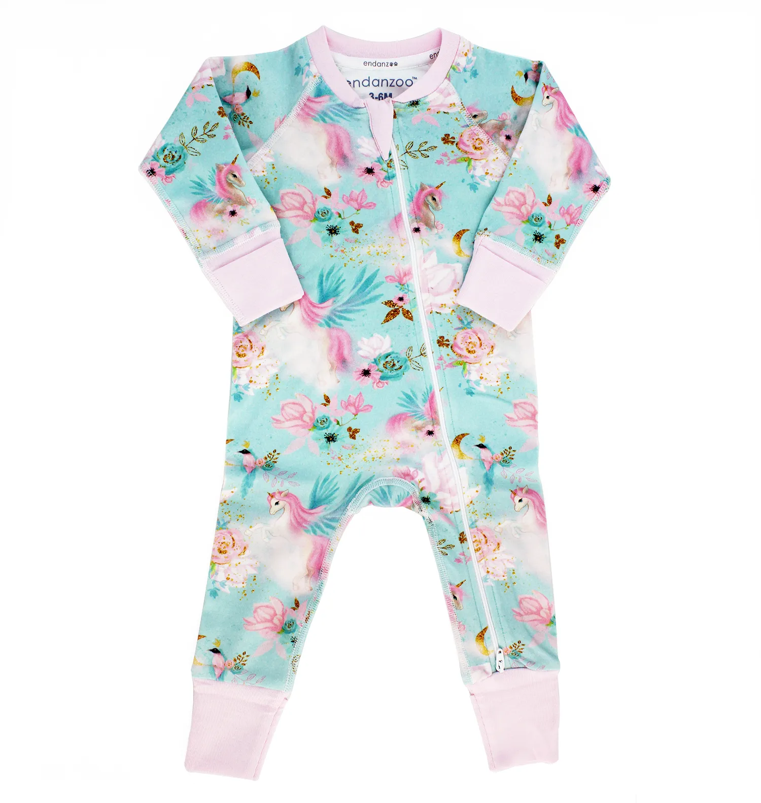 Endanzoo Organic Long Sleeve Double Zippered Romper - Mystical Unicorns
