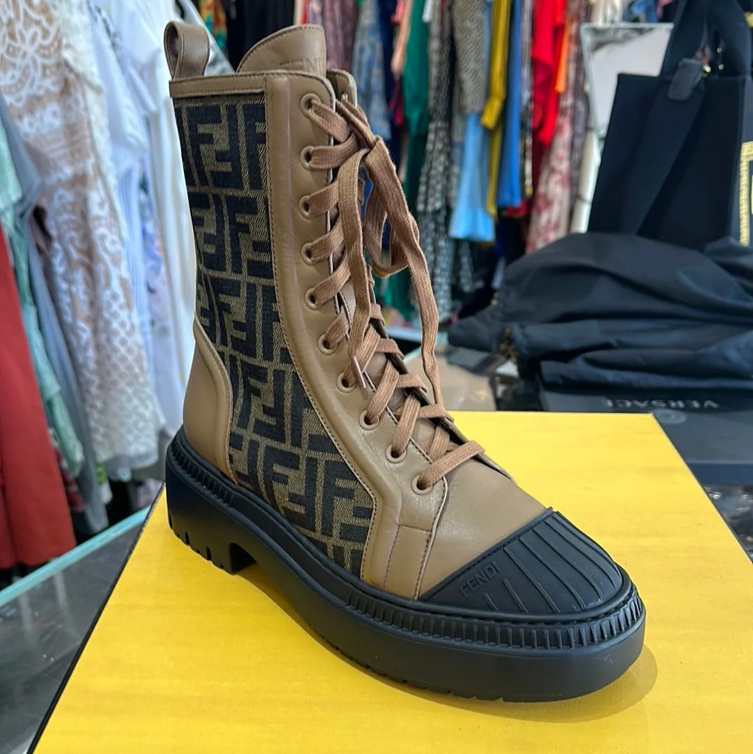 Fendi Tessuto Jacquard Tabacco, Black and Sand Side Zipper Bootie