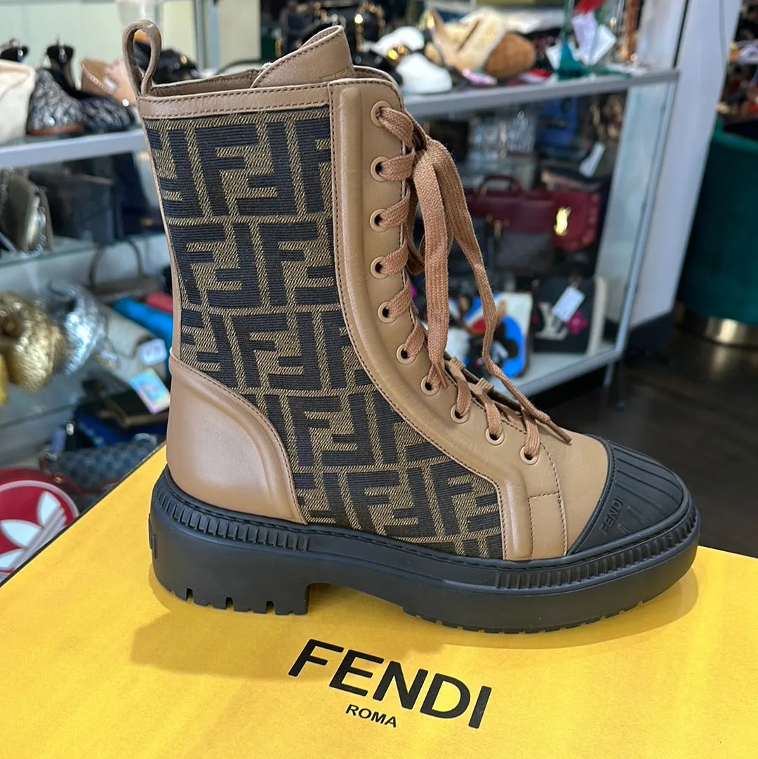 Fendi Tessuto Jacquard Tabacco, Black and Sand Side Zipper Bootie