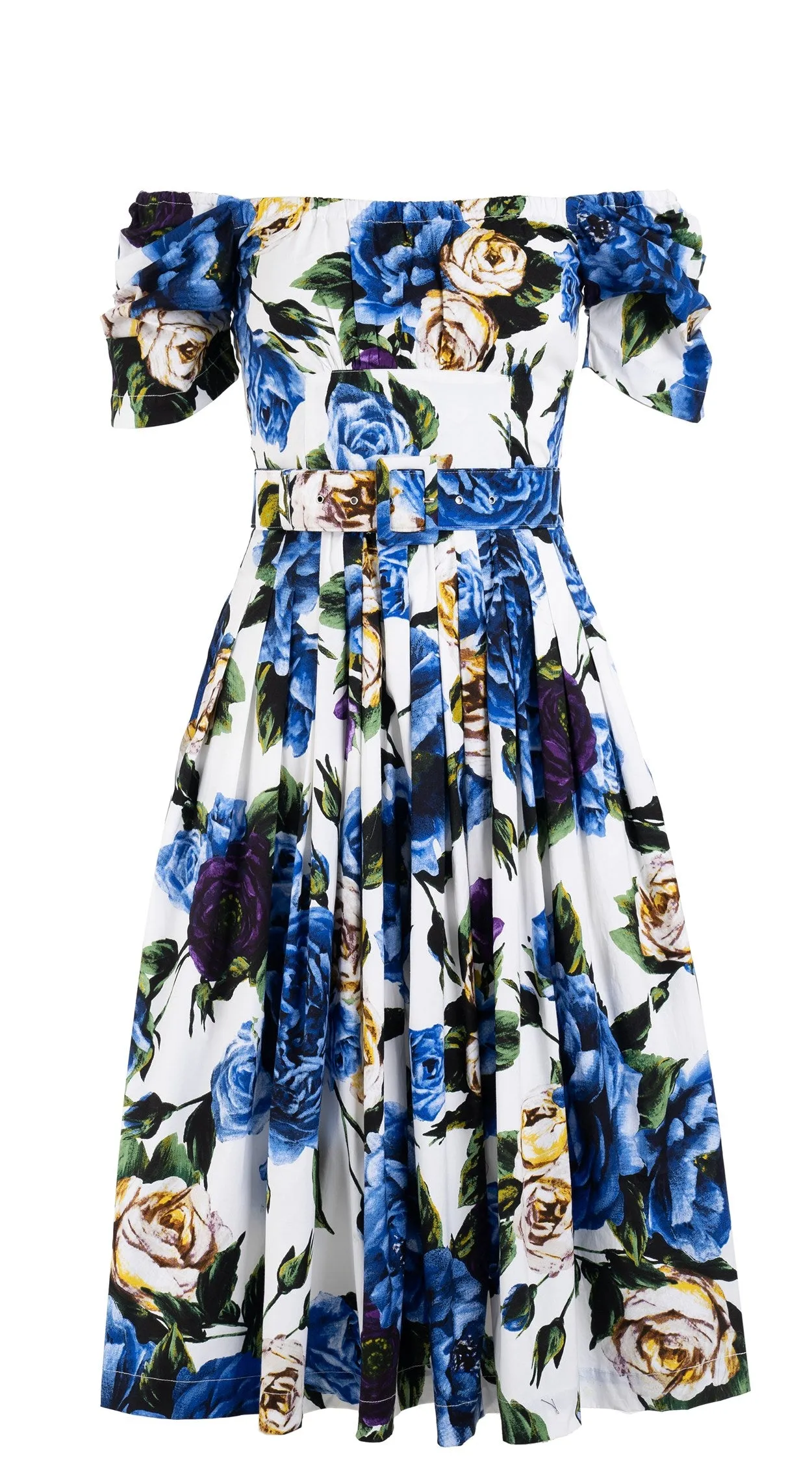 Florance Dress #2 Off Shoulder Short Tuck Sleeve Long  3 Length Cotton Stretch (Peony Kimono All Over)