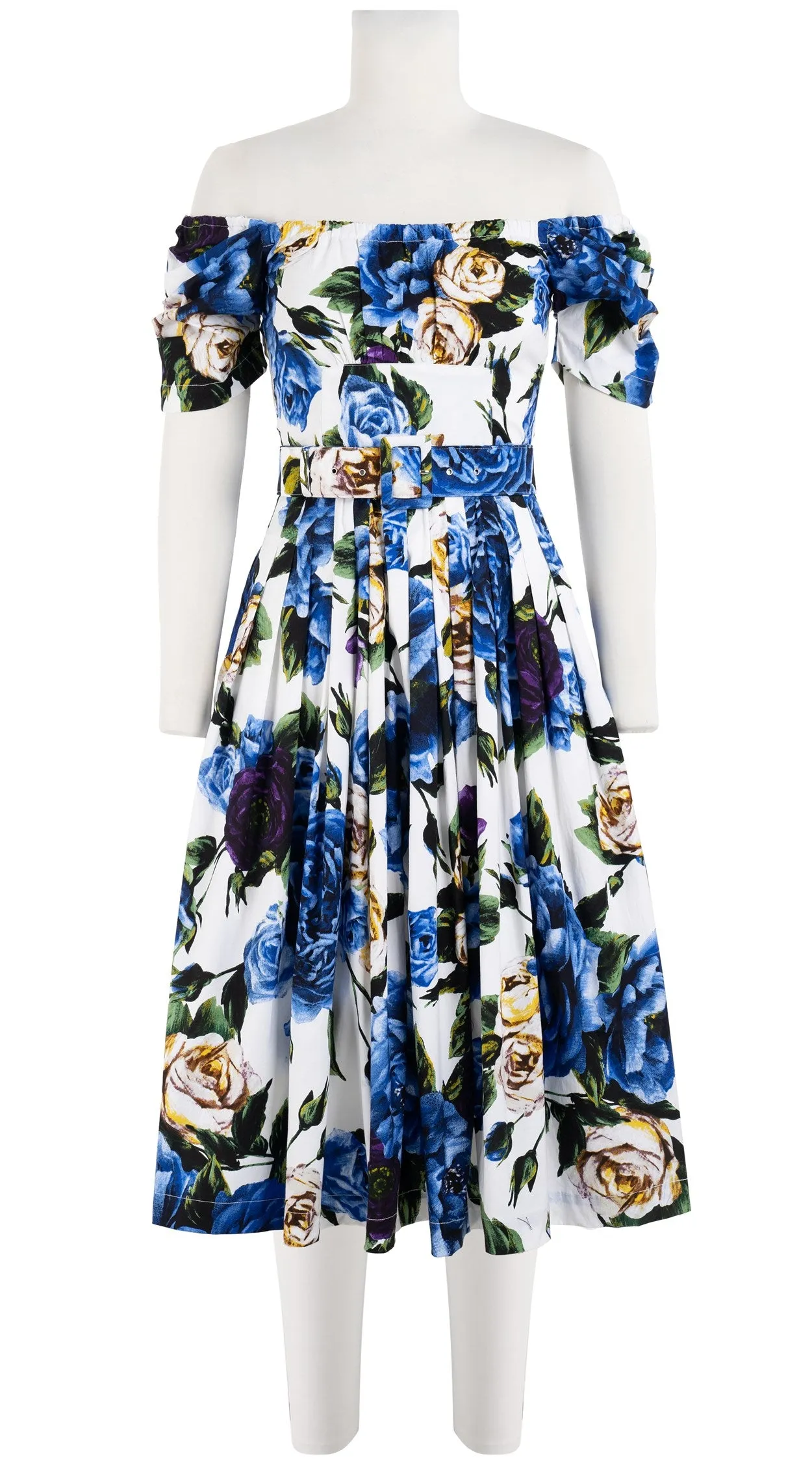 Florance Dress #2 Off Shoulder Short Tuck Sleeve Long  3 Length Cotton Stretch (Peony Kimono All Over)
