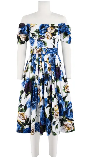 Florance Dress #2 Off Shoulder Short Tuck Sleeve Long  3 Length Cotton Stretch (Peony Kimono All Over)