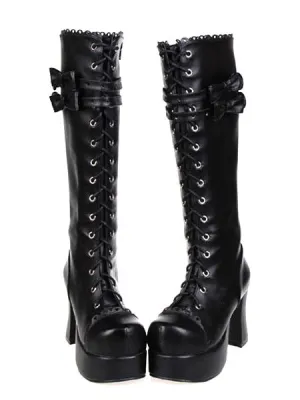 Gothic Black Lolita Chunky Heels Boots Platform Shoelace Bows