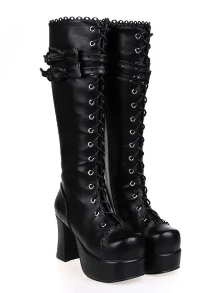 Gothic Black Lolita Chunky Heels Boots Platform Shoelace Bows