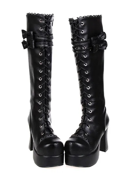 Gothic Black Lolita Chunky Heels Boots Platform Shoelace Bows
