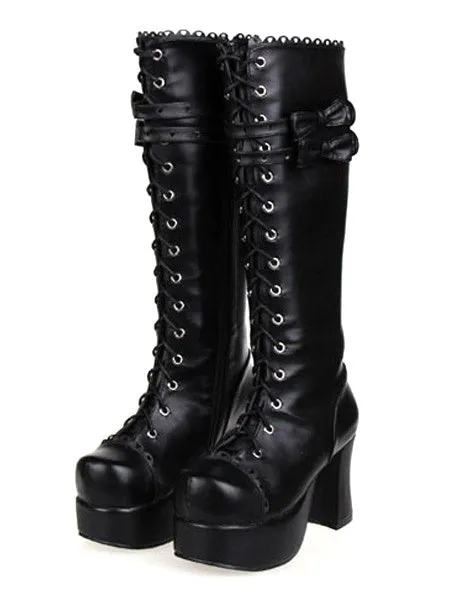 Gothic Black Lolita Chunky Heels Boots Platform Shoelace Bows