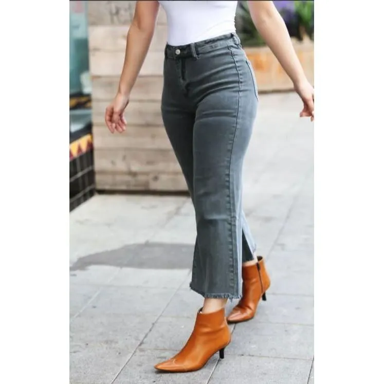 High Waist Straight Acid Wash Frayed Cutoff High Waist Jeans