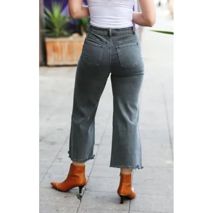 High Waist Straight Acid Wash Frayed Cutoff High Waist Jeans