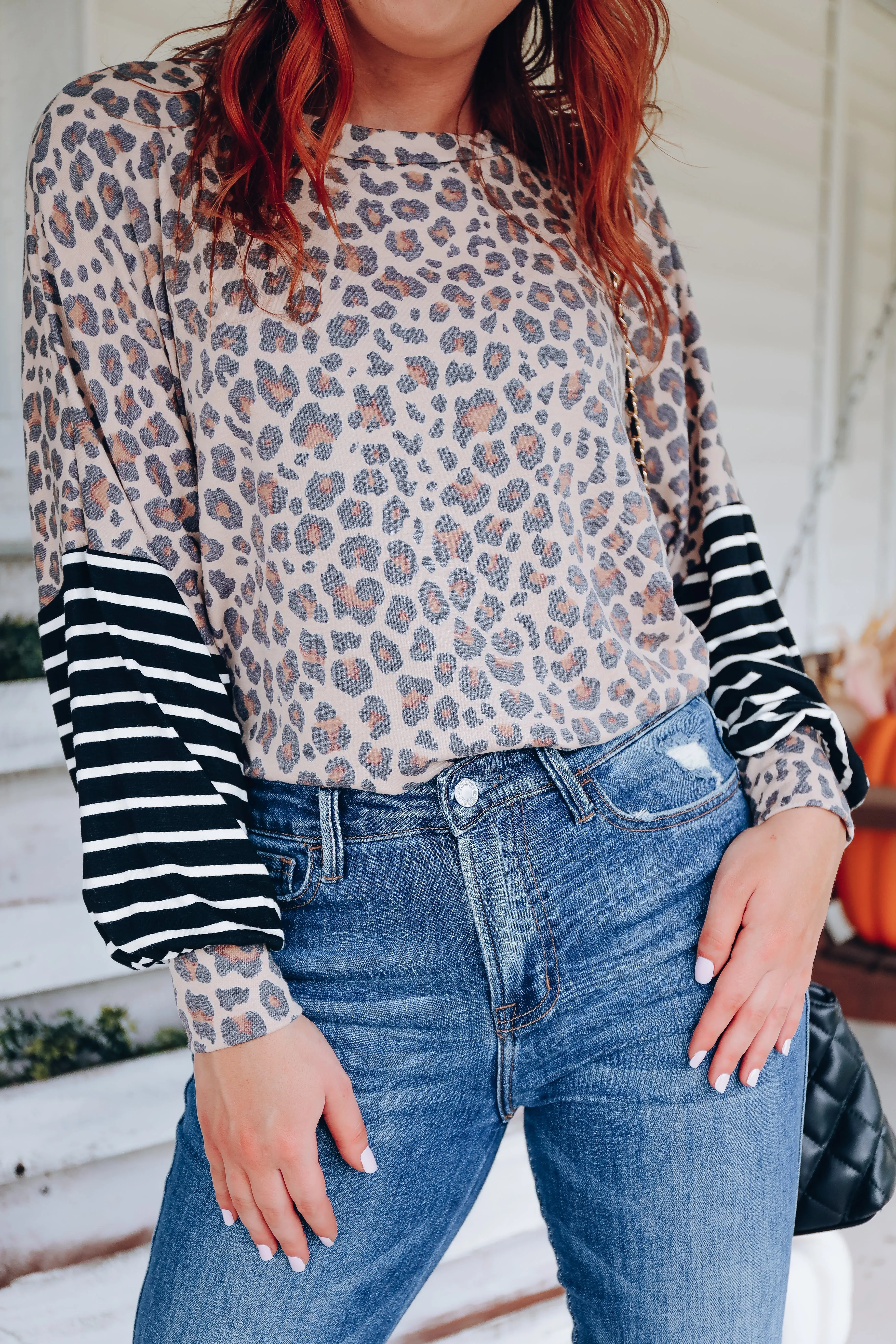 In Contrast Bell Sleeve Top - Taupe/Brown