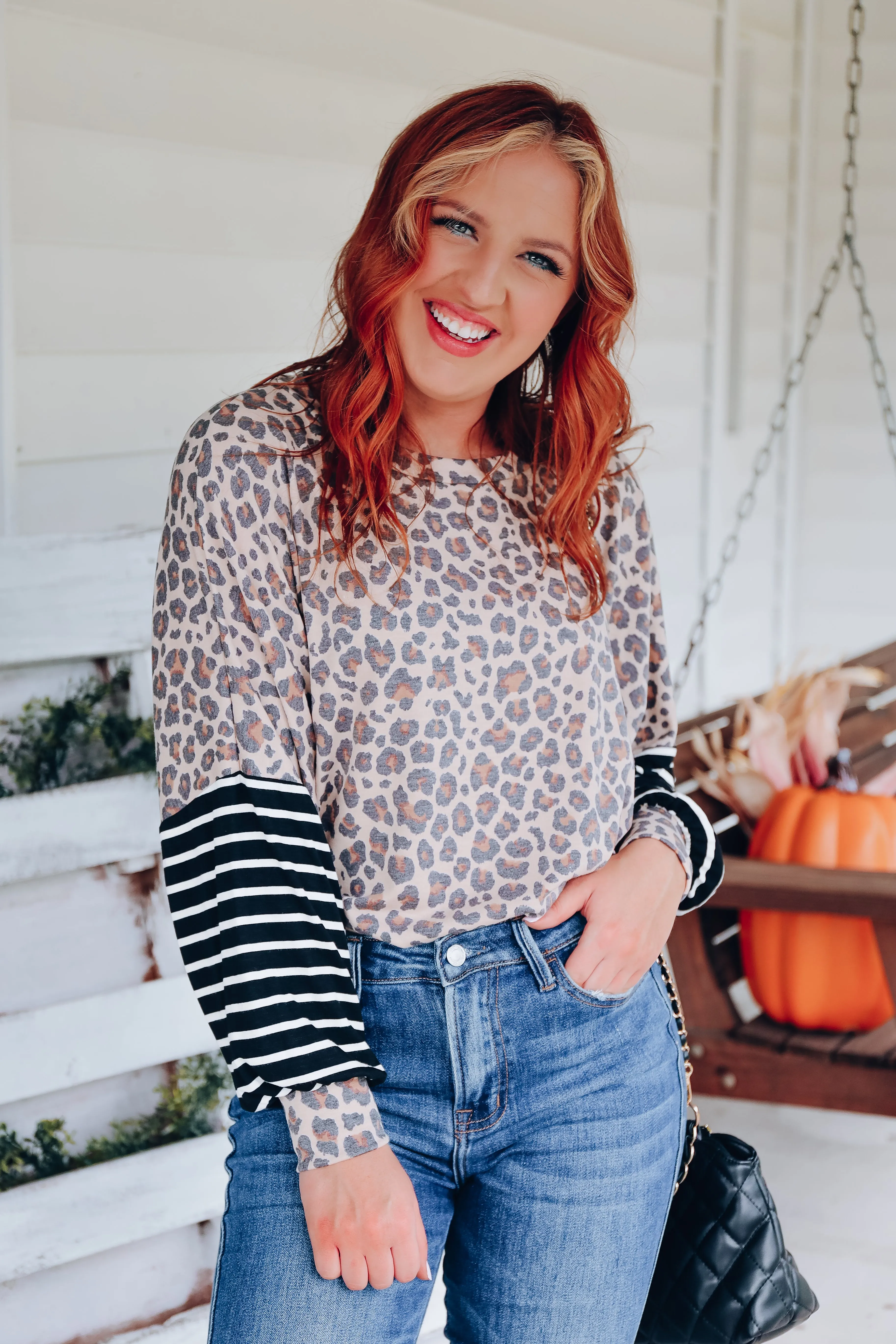In Contrast Bell Sleeve Top - Taupe/Brown