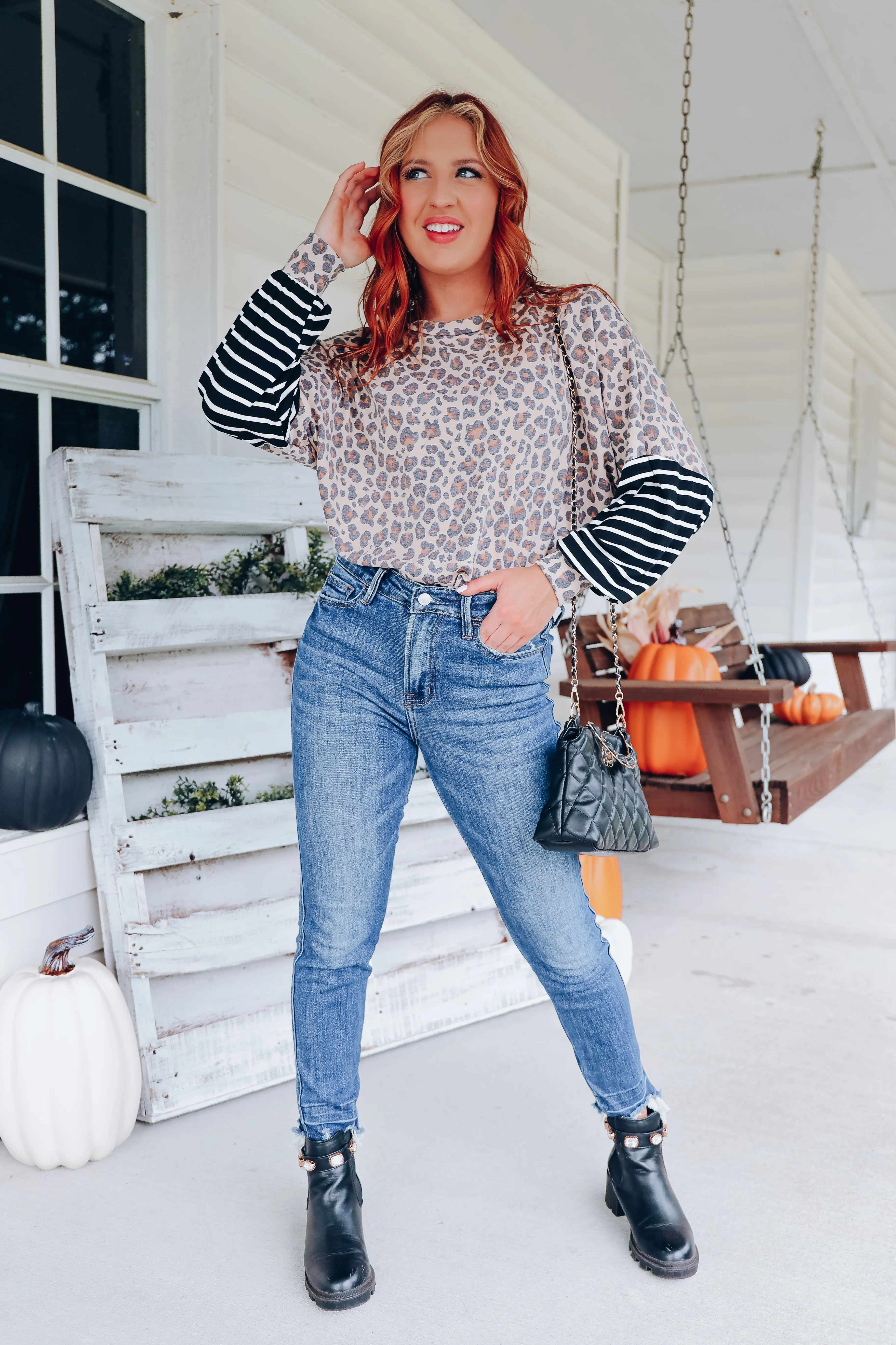 In Contrast Bell Sleeve Top - Taupe/Brown