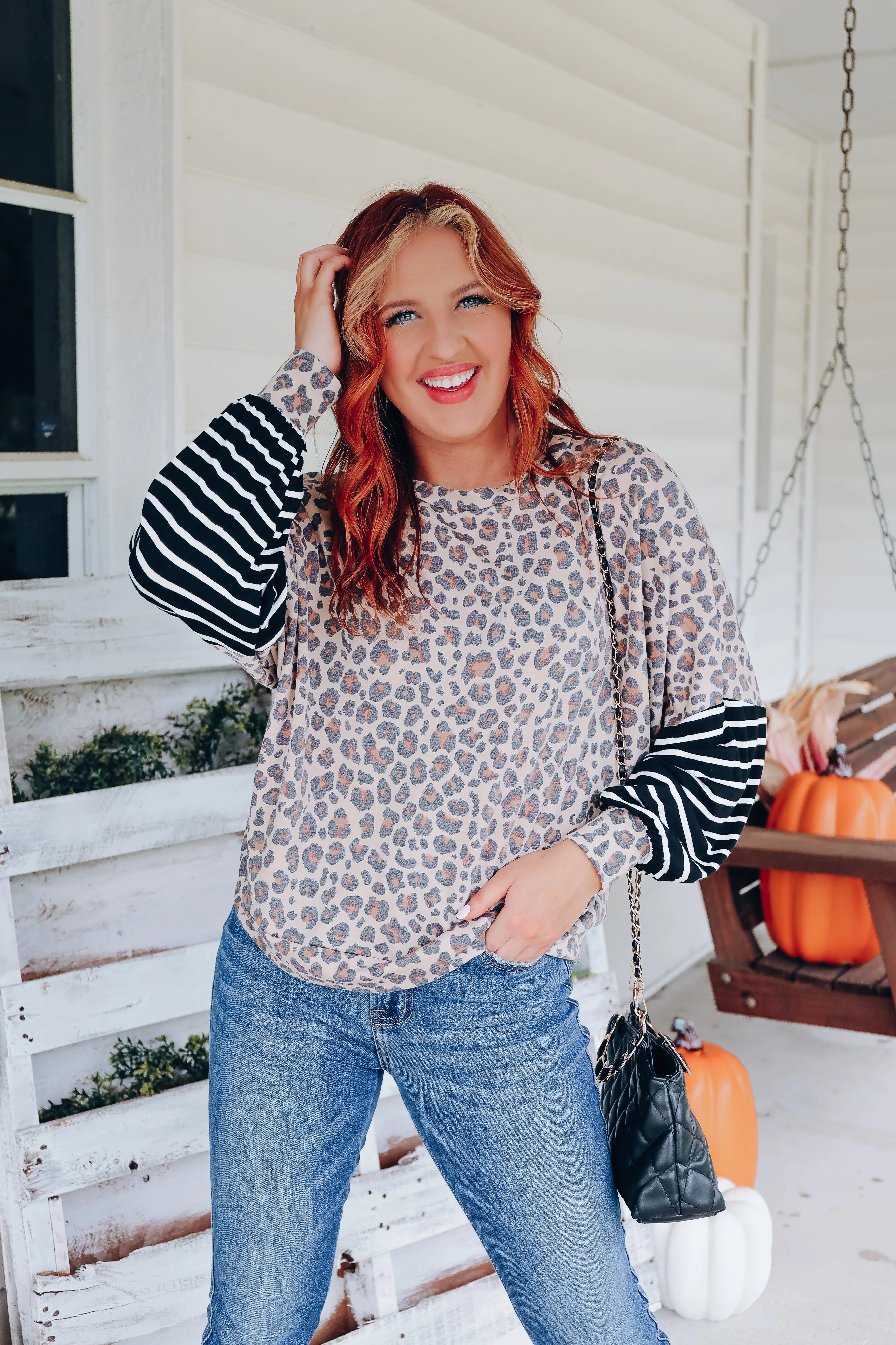 In Contrast Bell Sleeve Top - Taupe/Brown
