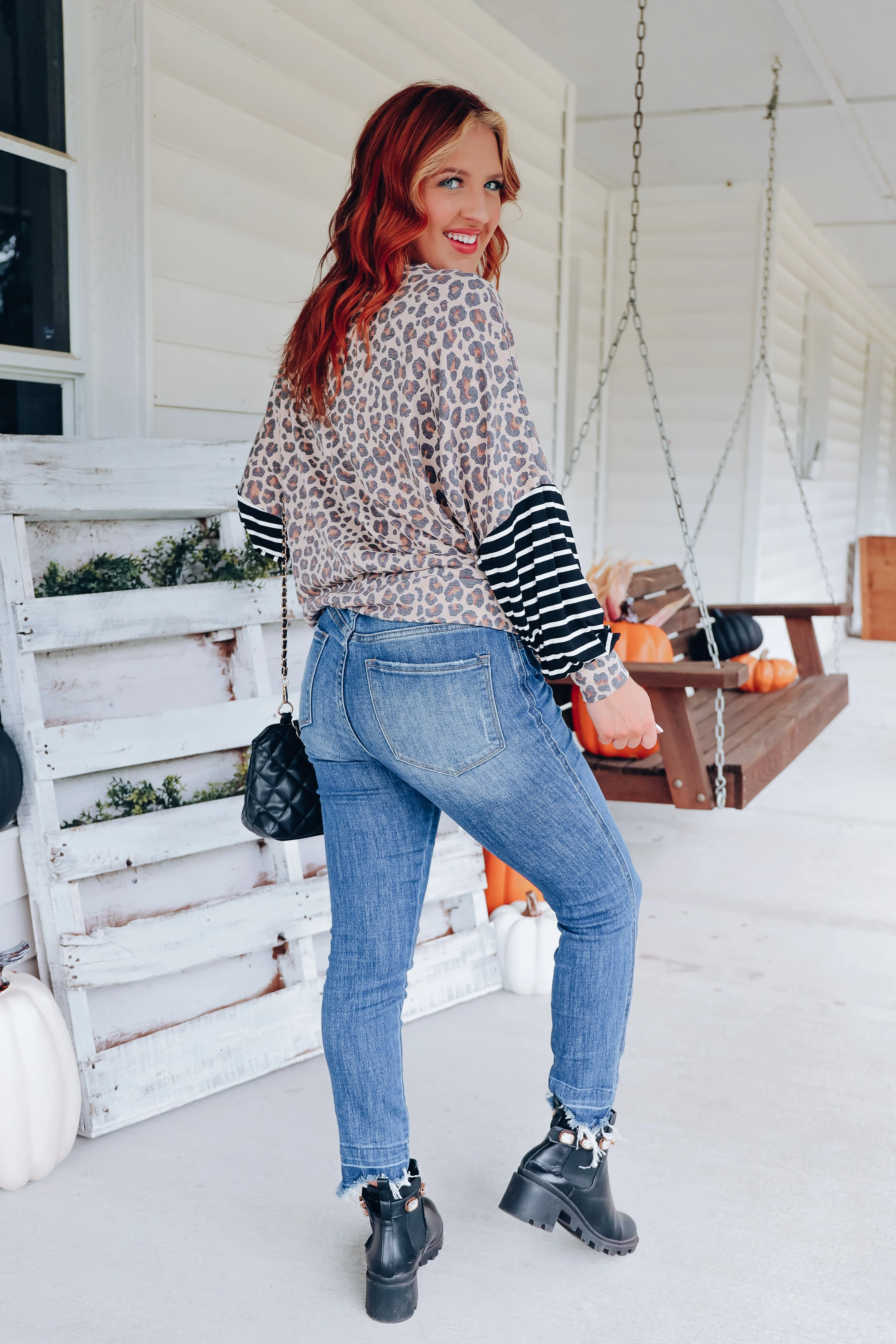 In Contrast Bell Sleeve Top - Taupe/Brown