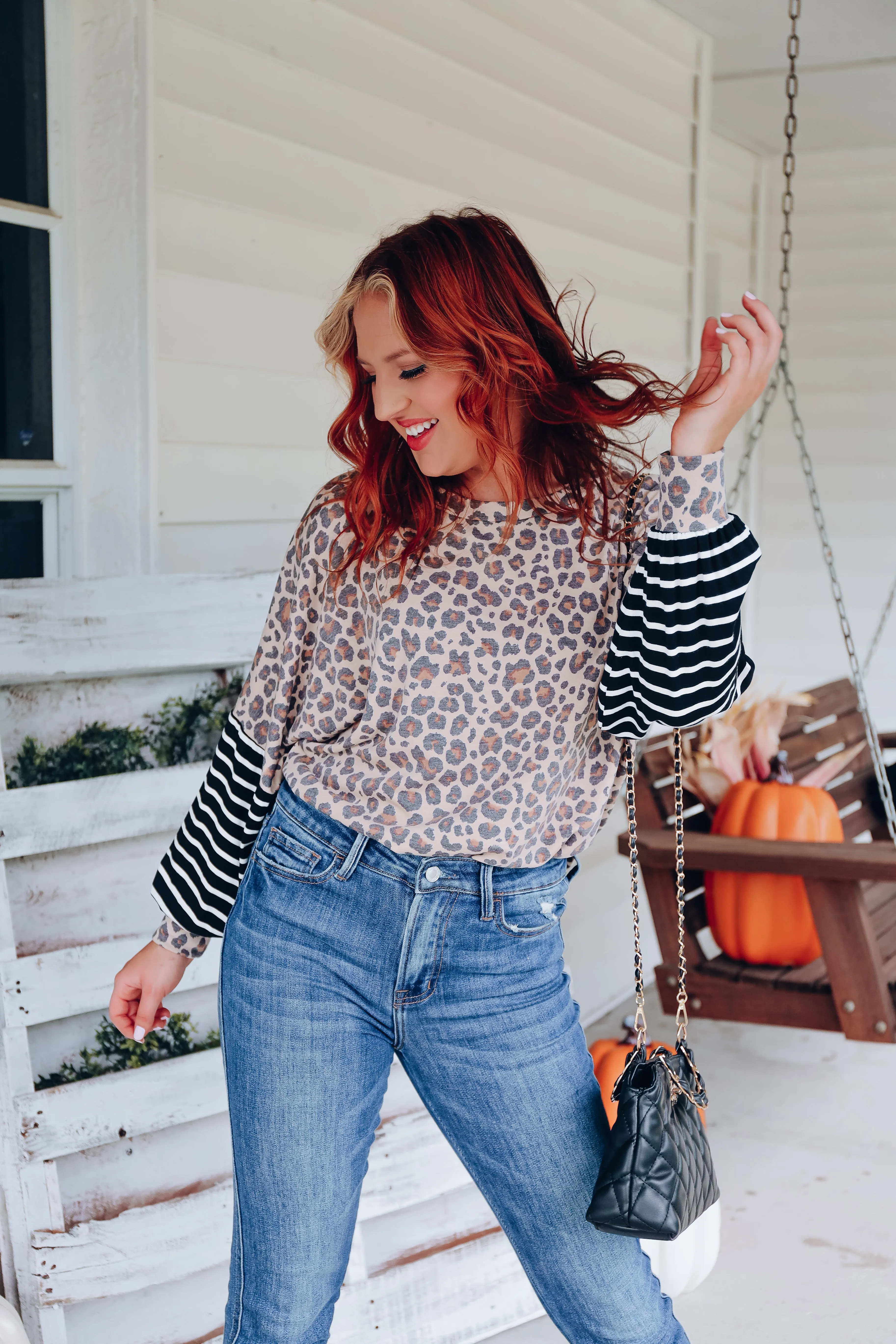 In Contrast Bell Sleeve Top - Taupe/Brown