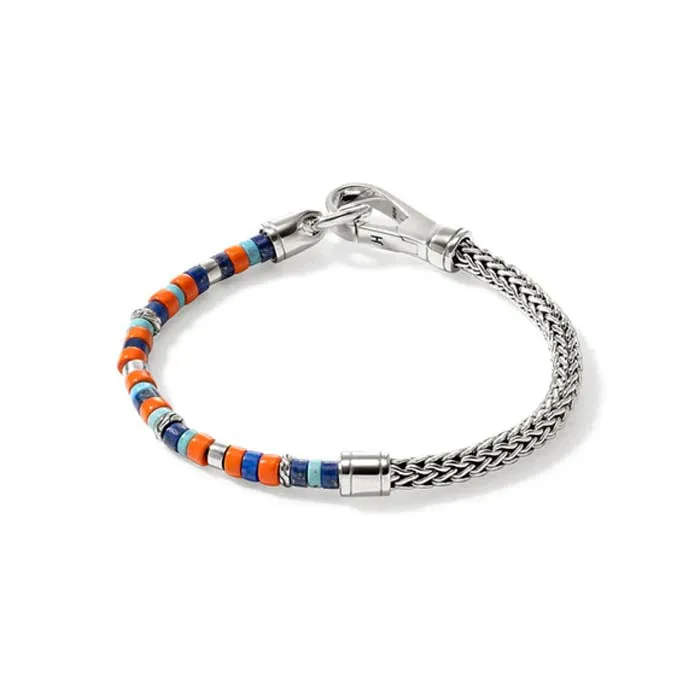 John Hardy 4MM Lapis, Turquoise and Orange Enamel Heishi Chain Bracelet in Sterling Silver - Size Extra Large