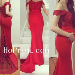 Lace Satin Prom Dresses,Red Prom Dress,Evening Dress